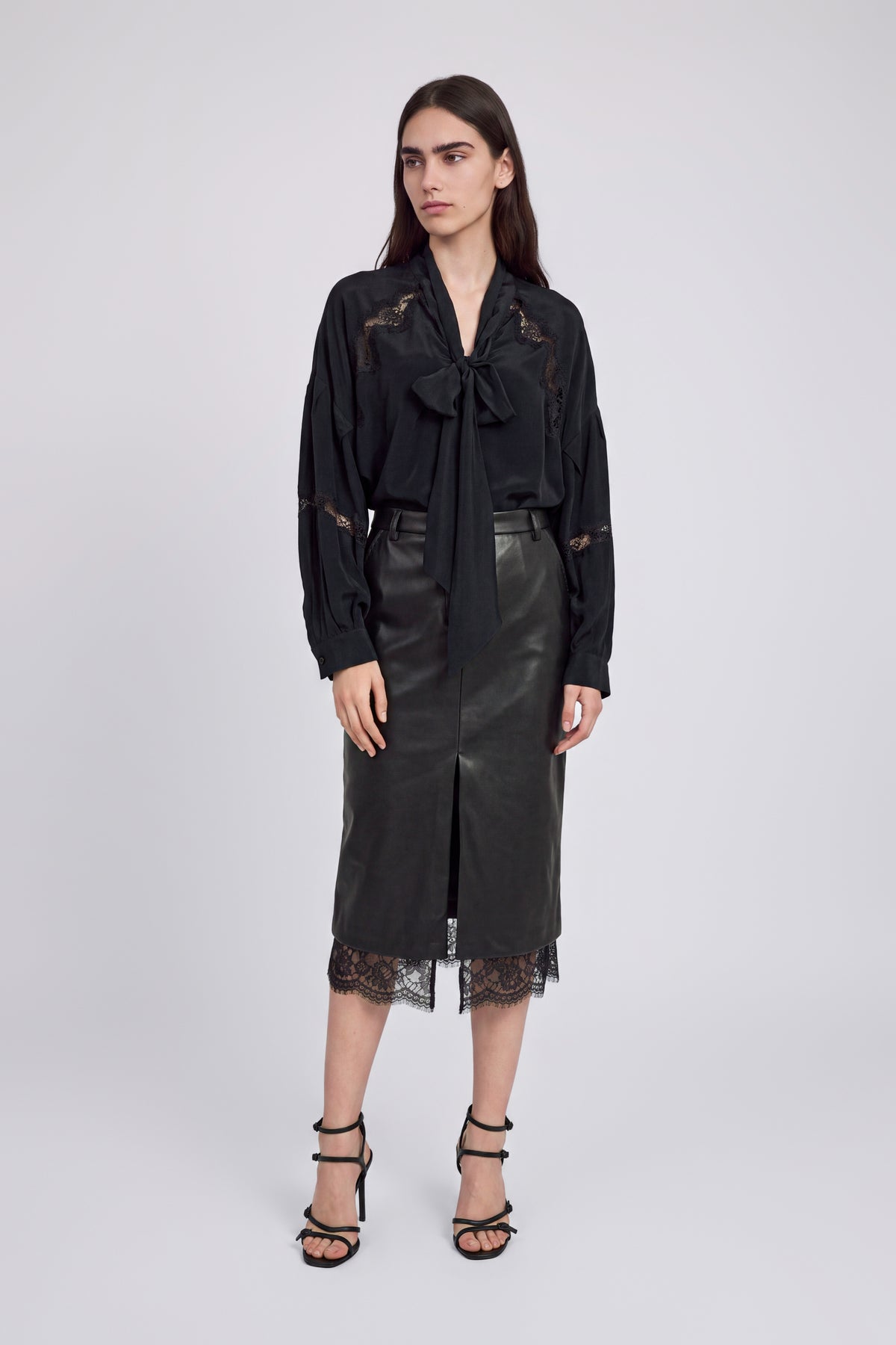 FAUX LEATHER MIDI SKIRT WITH LACE INSERT ON THE BOTTOM