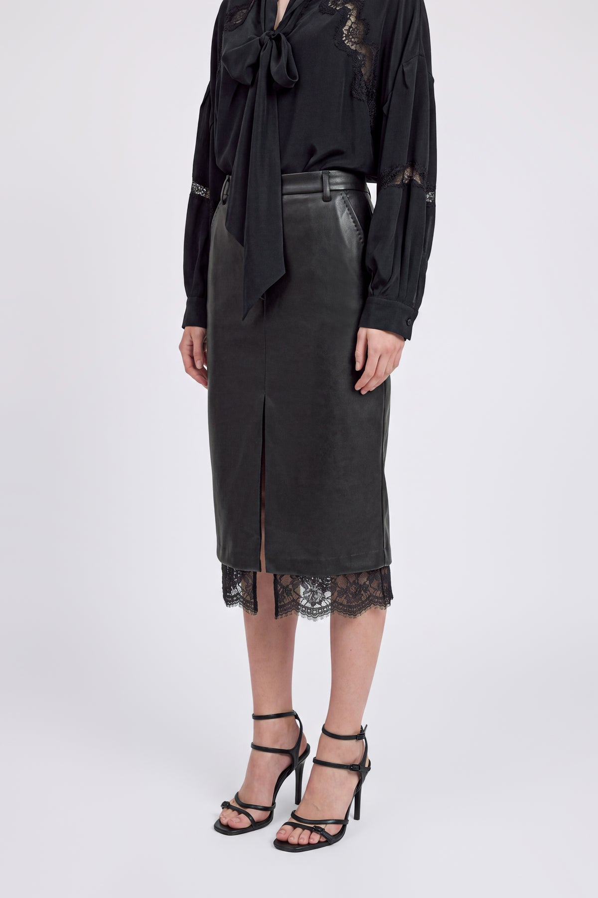 FAUX LEATHER MIDI SKIRT WITH LACE INSERT ON THE BOTTOM