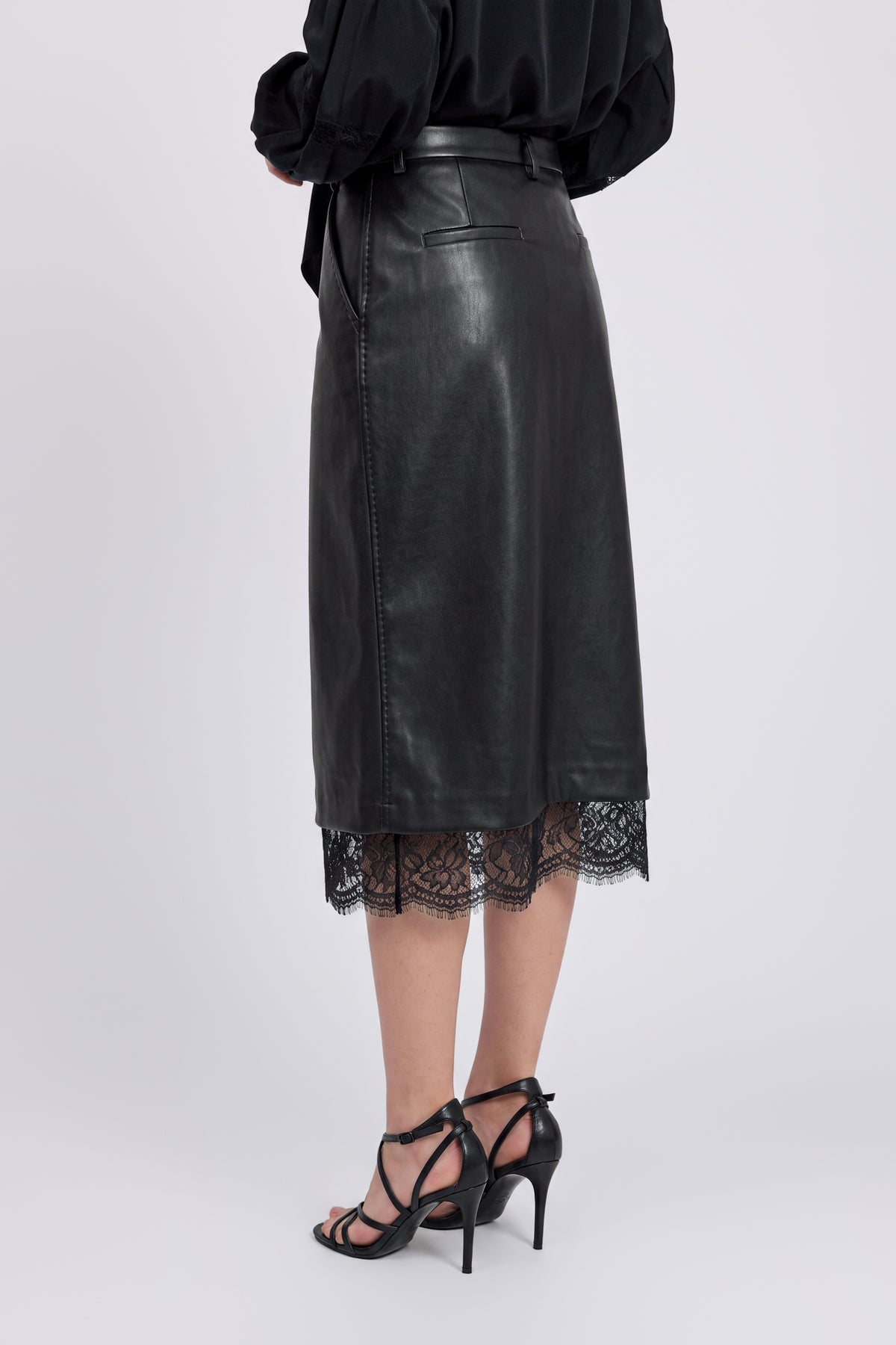 FAUX LEATHER MIDI SKIRT WITH LACE INSERT ON THE BOTTOM