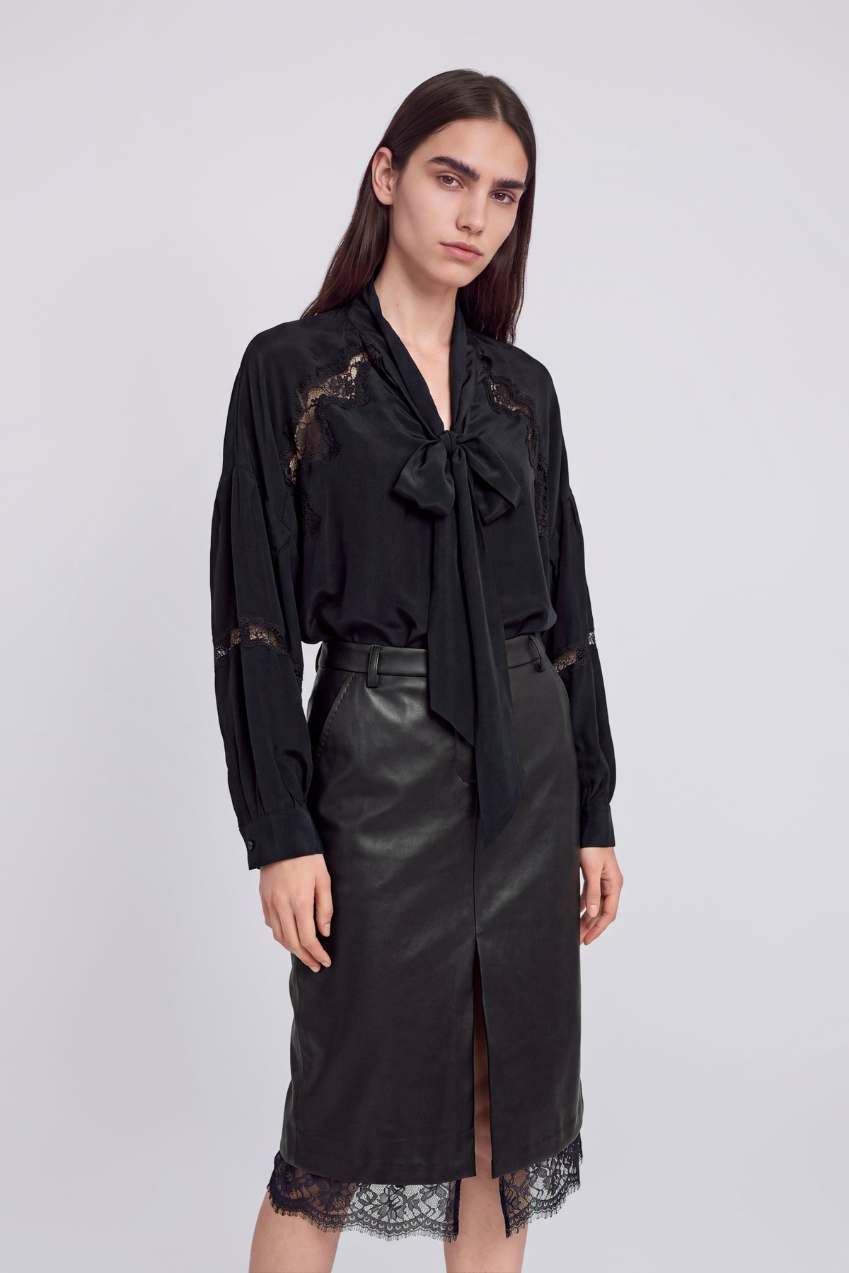 FAUX LEATHER MIDI SKIRT WITH LACE INSERT ON THE BOTTOM