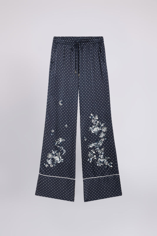 PANTALONI IN RASO A POIS CON RICAMO FLOREALE DI MICRO PAILLETES