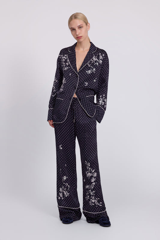 PANTALONI IN RASO A POIS CON RICAMO FLOREALE DI MICRO PAILLETES