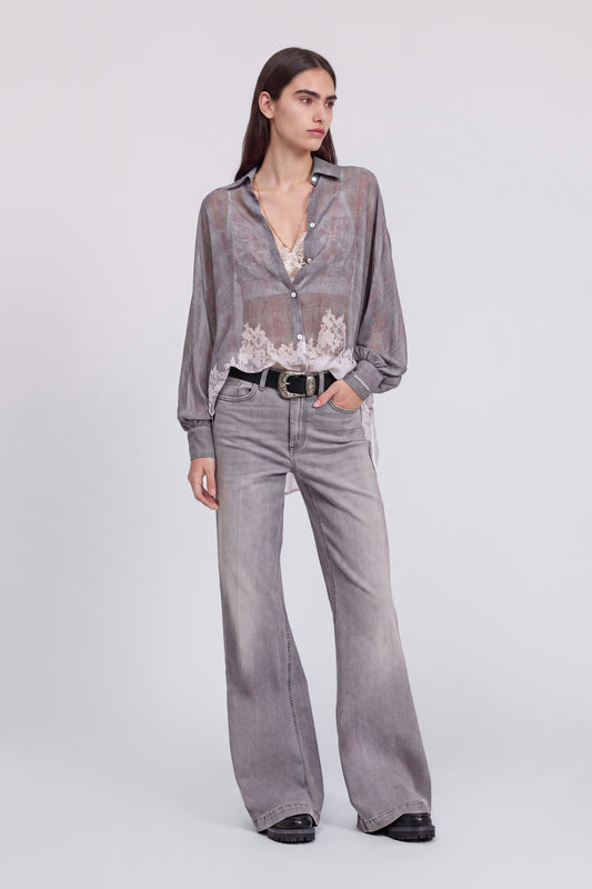 STRETCH GREY DENIM FLARE JEANS