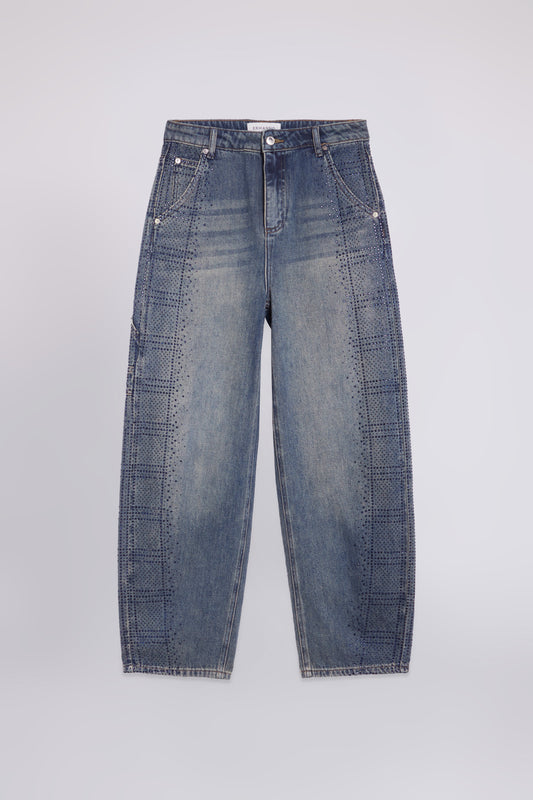 JEANS CARROT CON CHECK DI CRISTALLI SUI FIANCHI