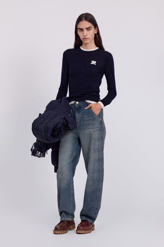 JEANS CARROT CON CHECK DI CRISTALLI SUI FIANCHI