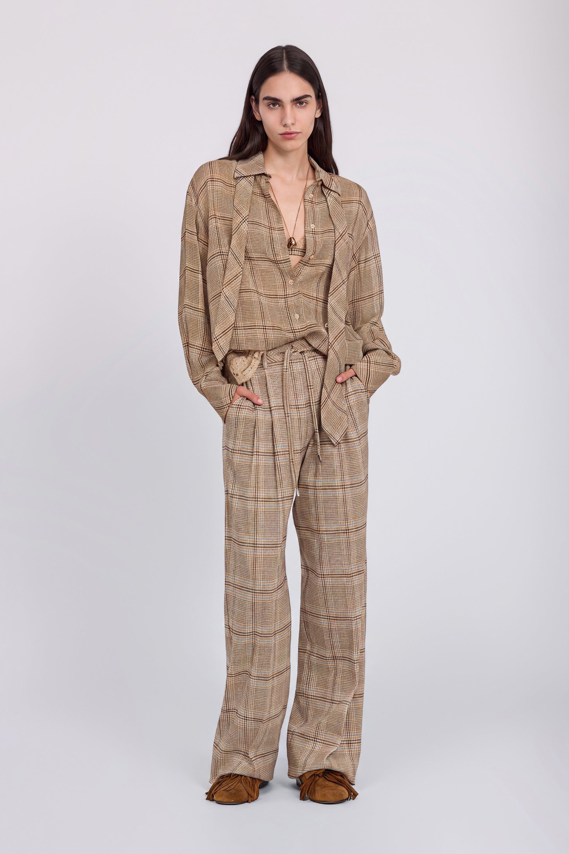 CHECKED PANTS WITH PLEATS AND DRAWSTRING