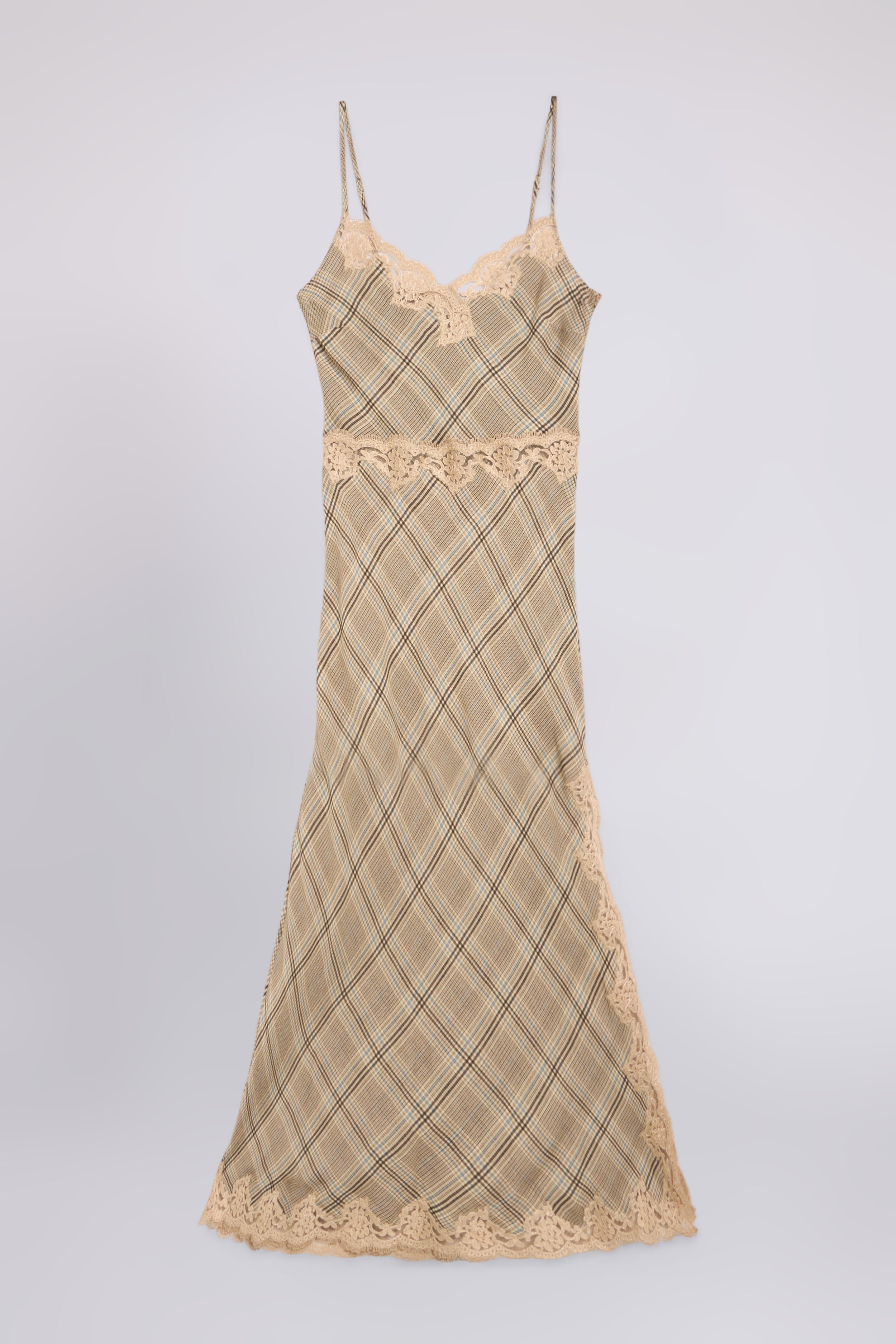 ROBE MIDI EN GEORGETTE À CARREAUX AVEC DENTELLE