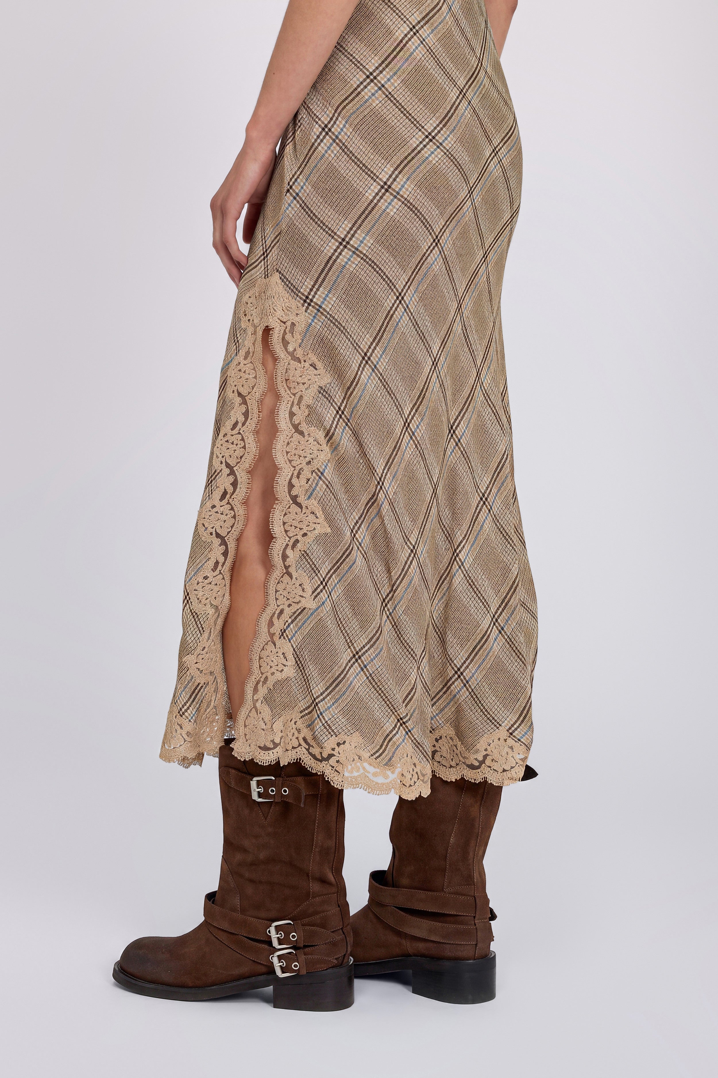 ROBE MIDI EN GEORGETTE À CARREAUX AVEC DENTELLE