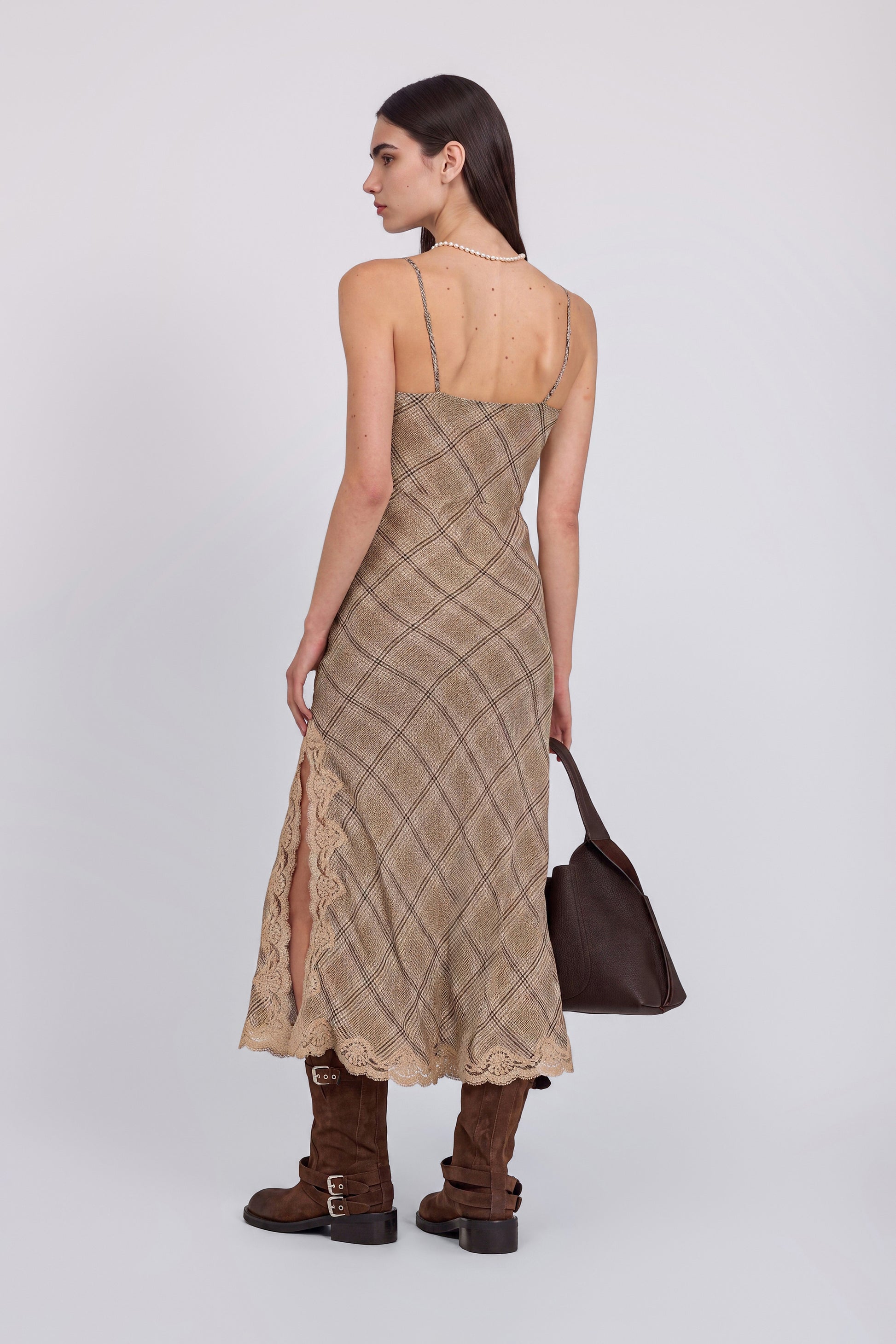 ROBE MIDI EN GEORGETTE À CARREAUX AVEC DENTELLE