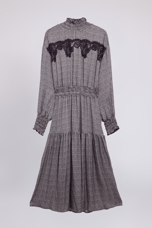 ROBE MIDI EN MICRO PIED-DE-POULE AVEC DĖTAIL EN DENTELLE
