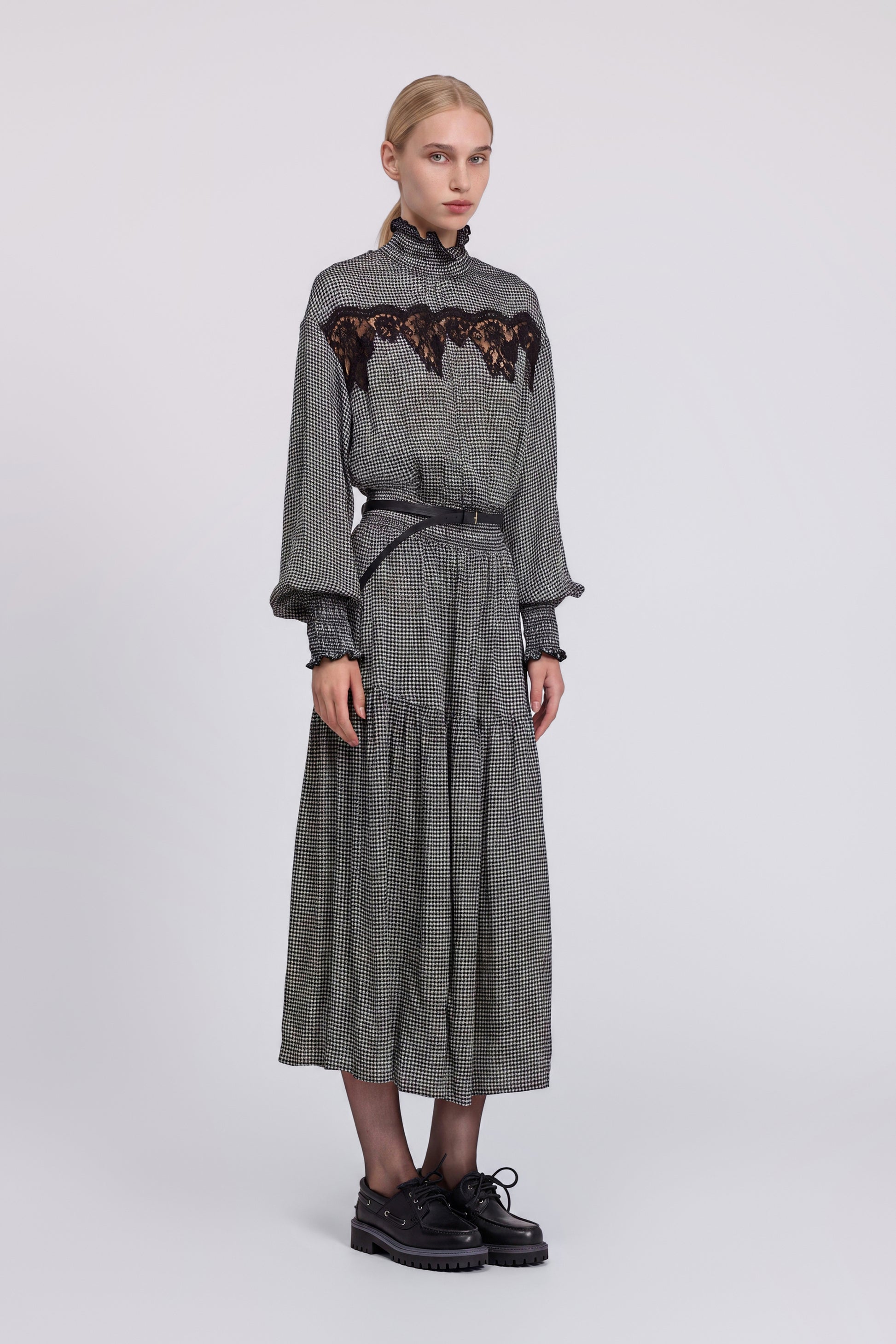 ABITO MIDI IN VISCOSA PIED-DE-POULE CON PIZZO
