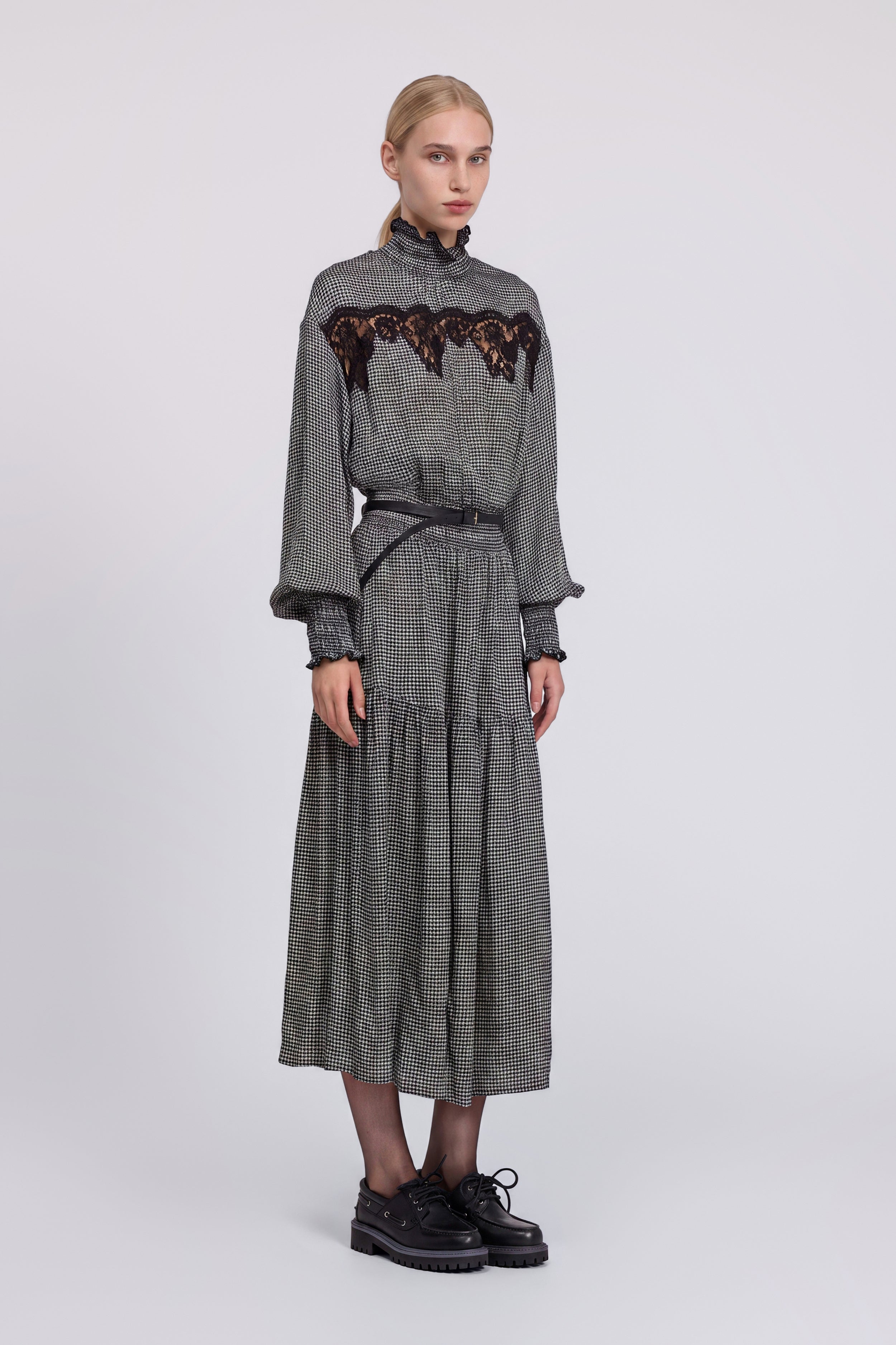 ABITO MIDI IN VISCOSA PIED-DE-POULE CON PIZZO