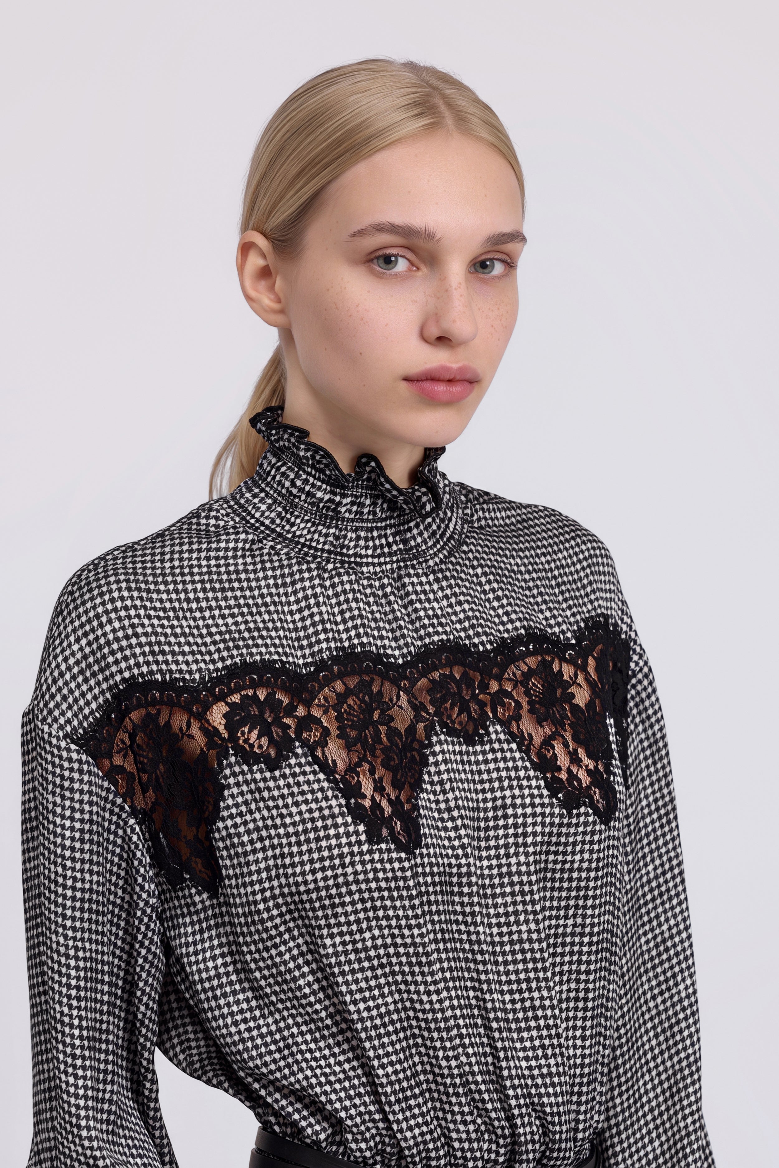 ABITO MIDI IN VISCOSA PIED-DE-POULE CON PIZZO