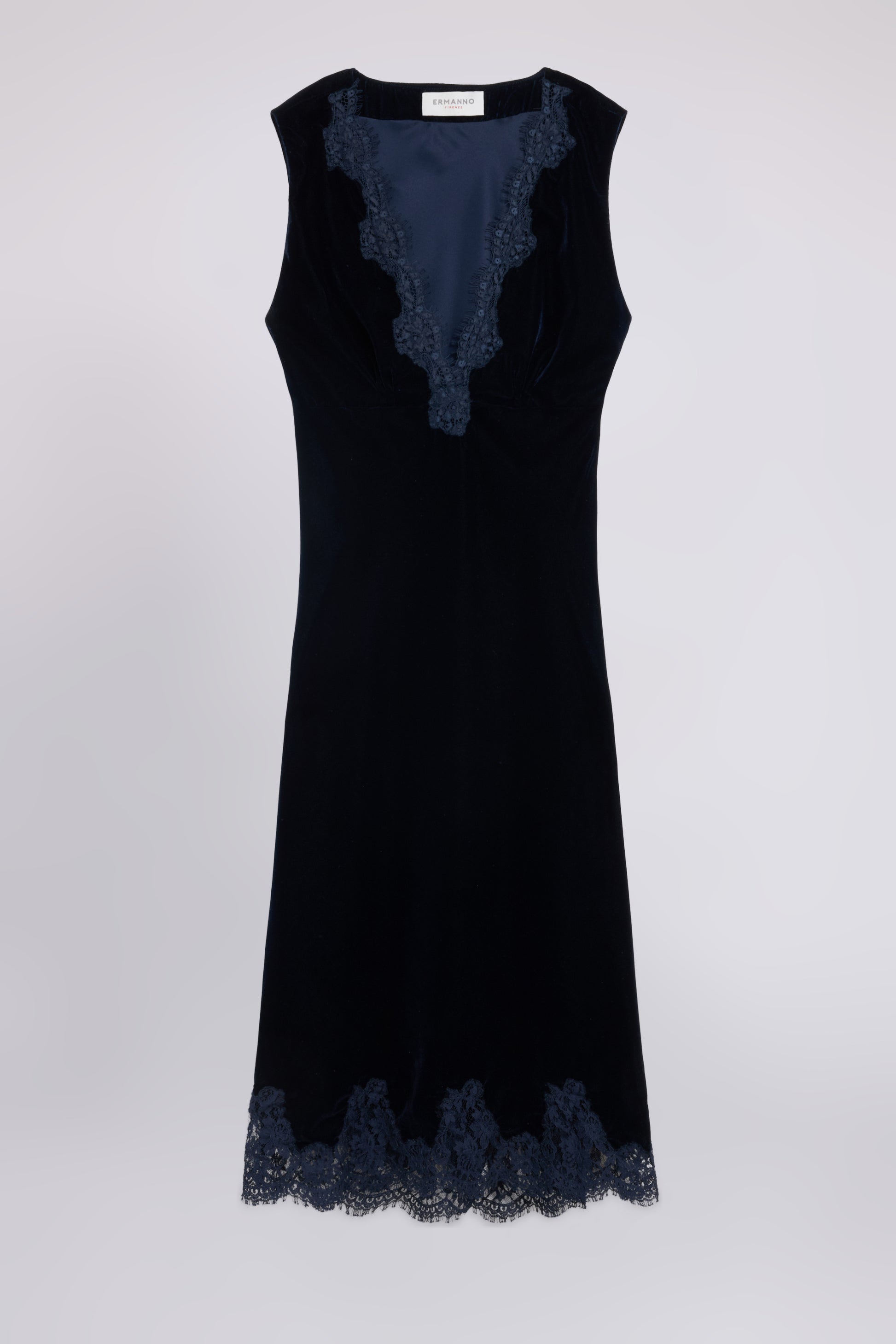 VELVET MIDI DRESS WITH EMBROIDERED LACE