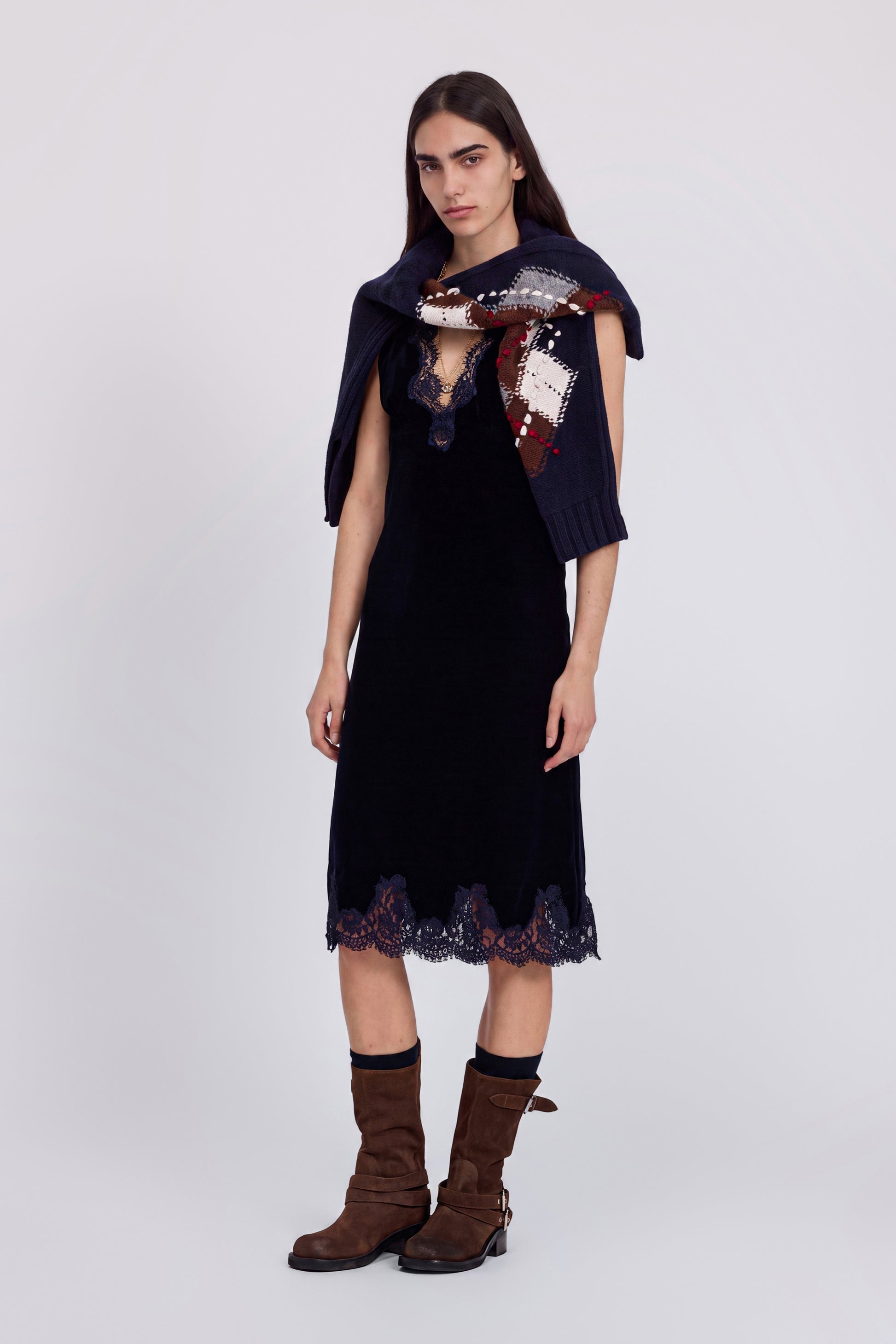VELVET MIDI DRESS WITH EMBROIDERED LACE