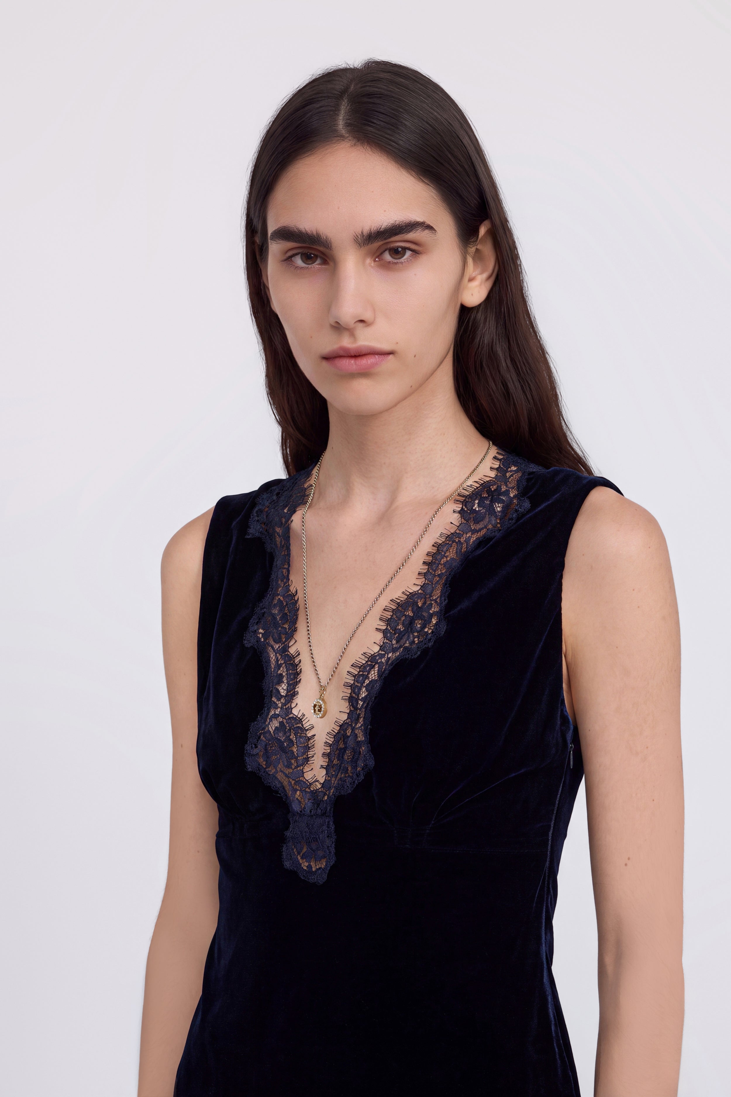 VELVET MIDI DRESS WITH EMBROIDERED LACE
