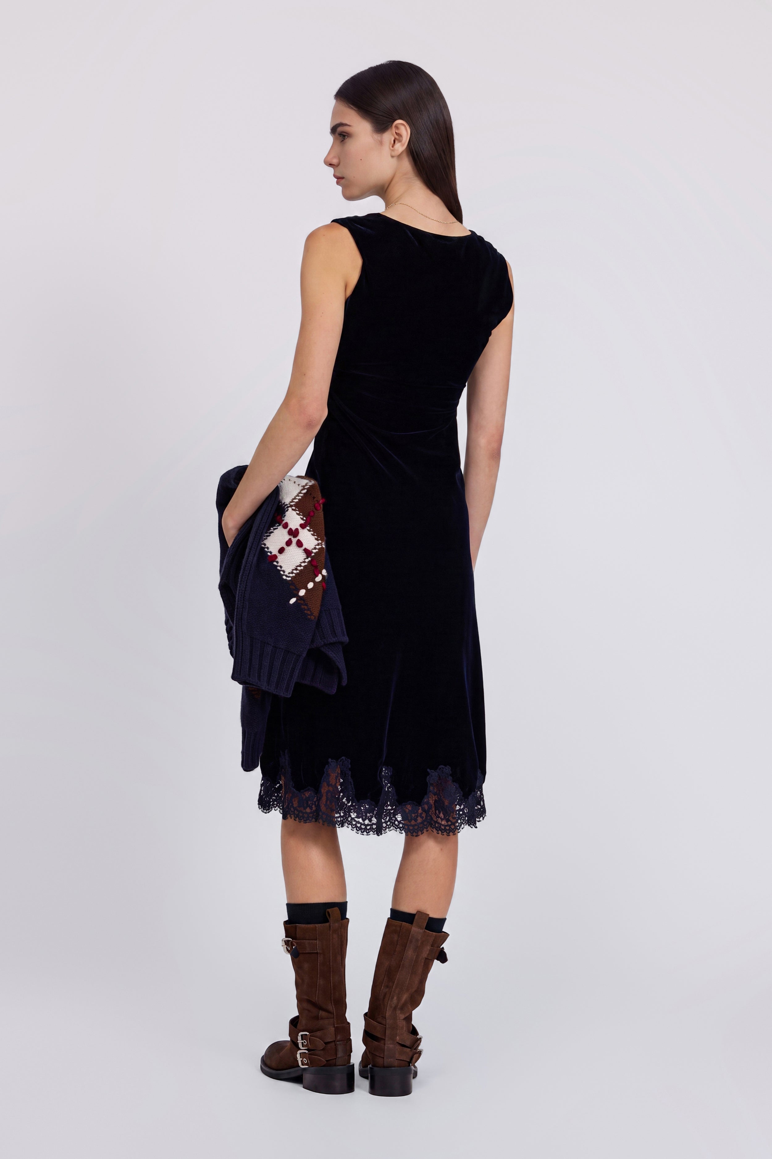VELVET MIDI DRESS WITH EMBROIDERED LACE