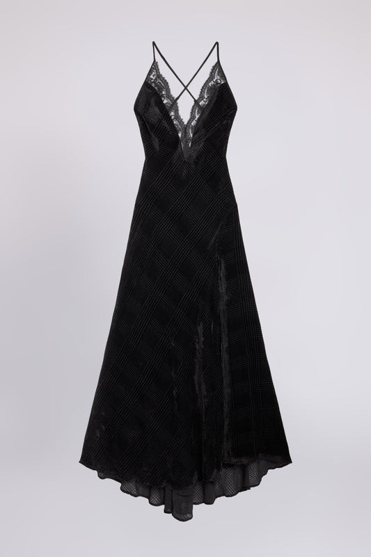 ROBE LONGUE EN VELOURS DEVORÉ AVEC DENTELLE BRODÉE