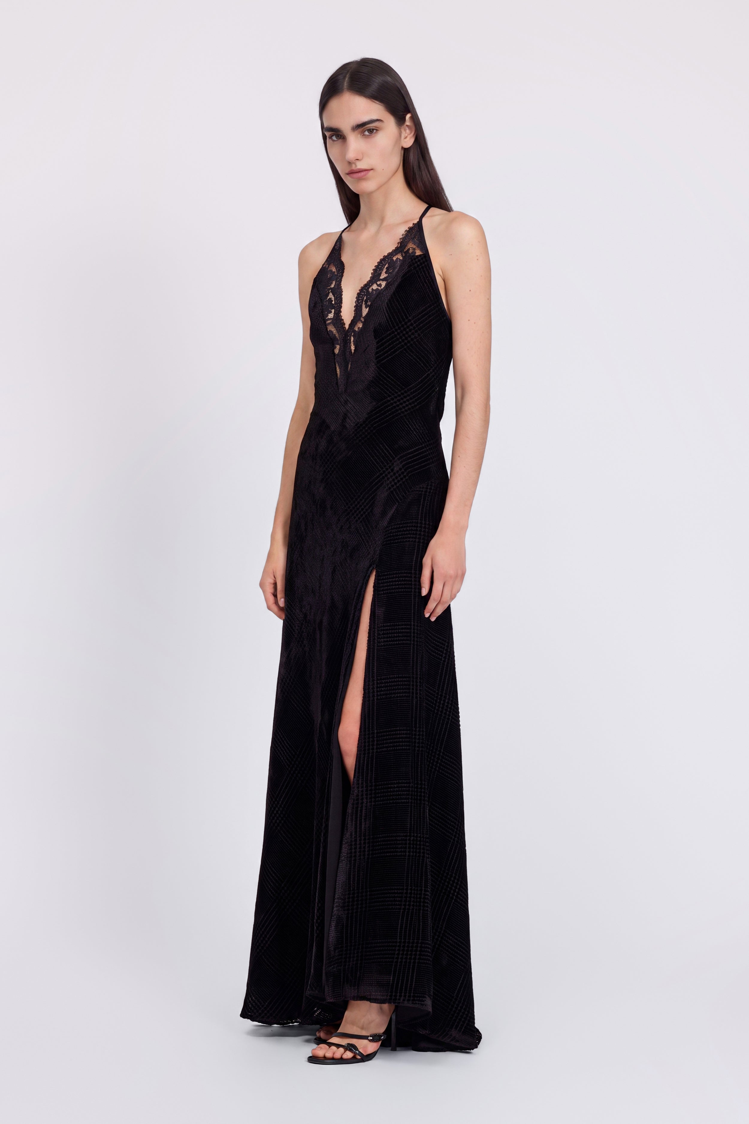 DEVORÉ VELVET MAXI DRESS WITH EMBROIDERED LACE