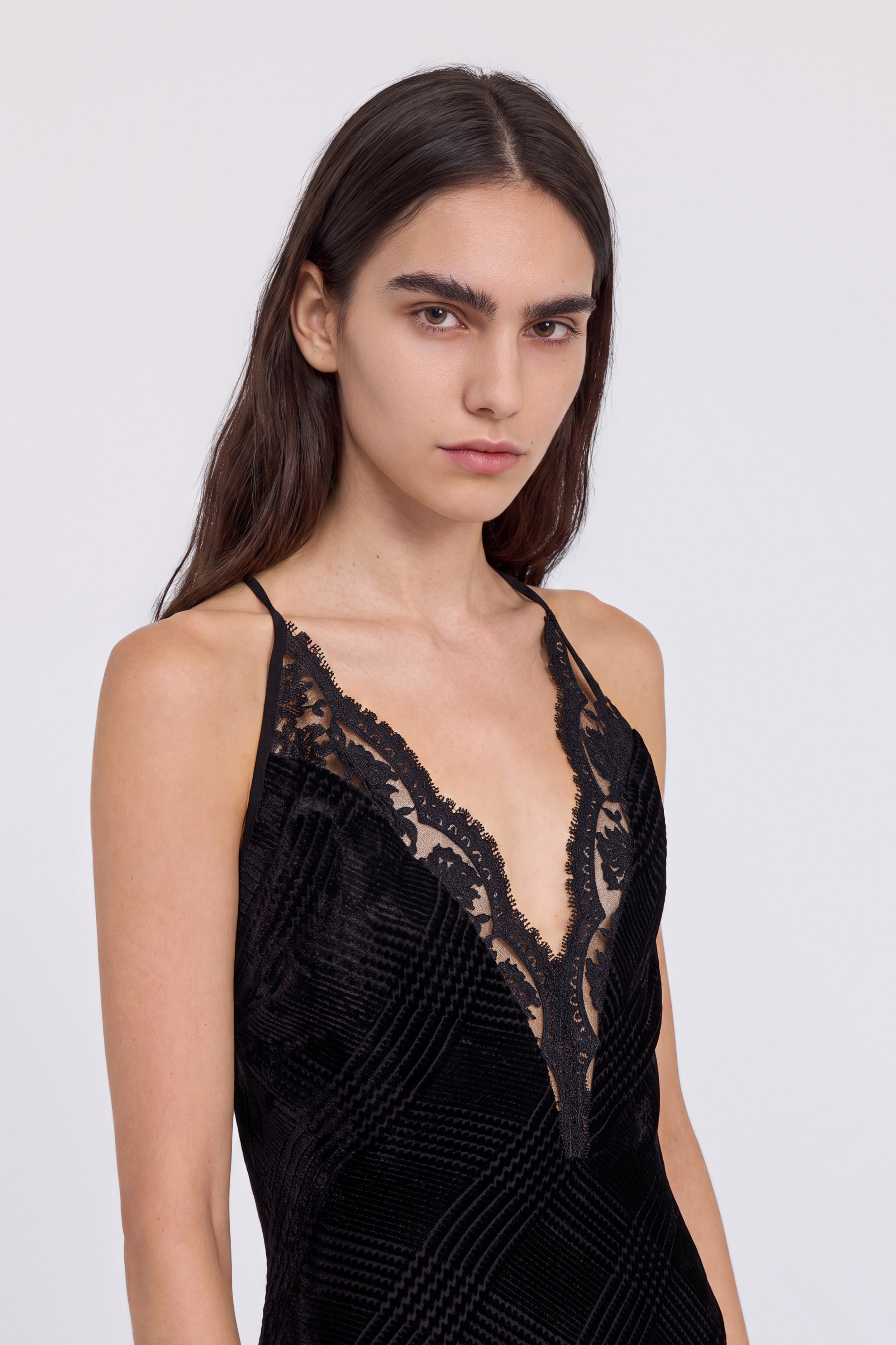 DEVORÉ VELVET MAXI DRESS WITH EMBROIDERED LACE