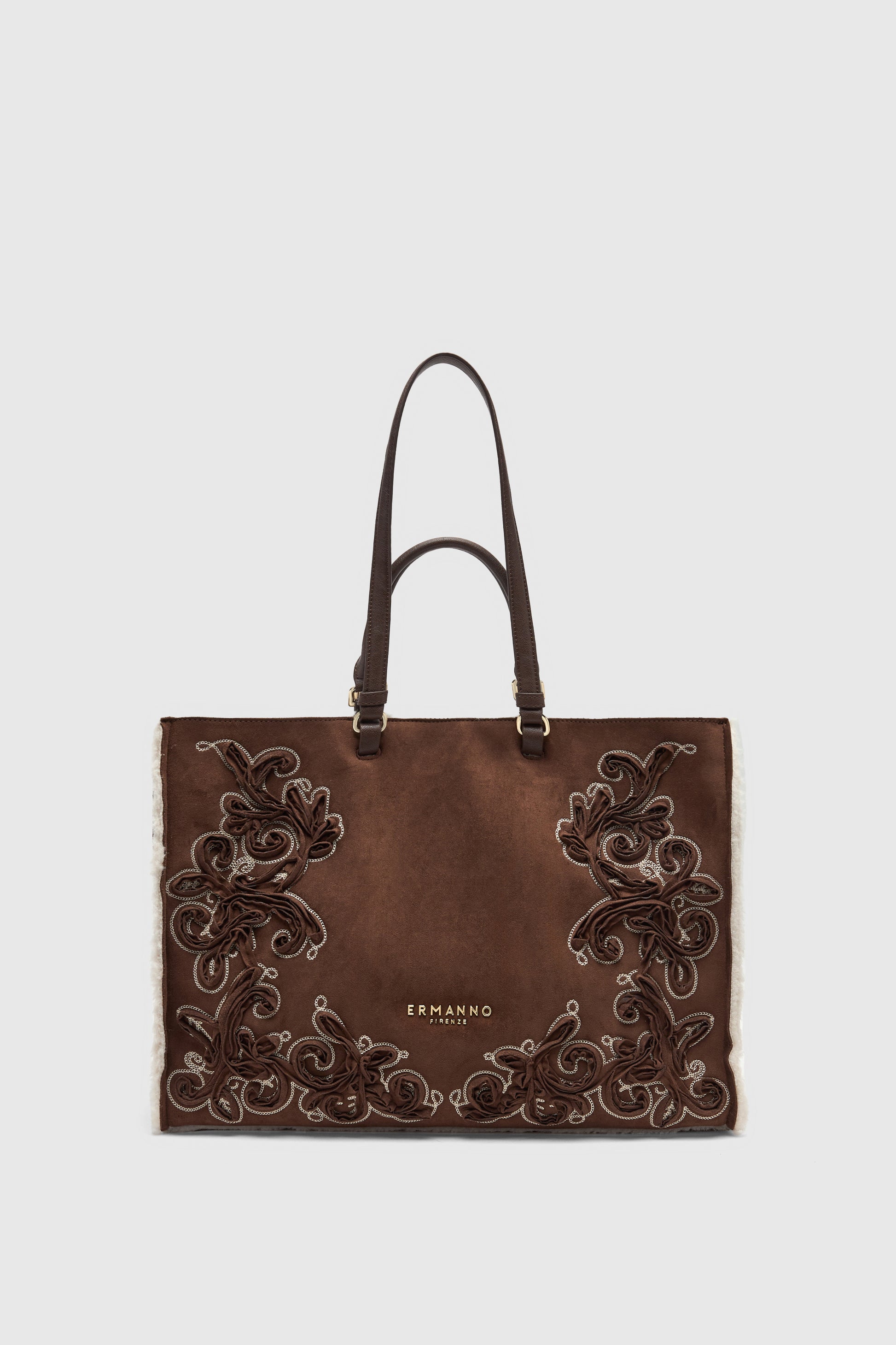 FAUX SHEEPSKIN SUEDE SHOPPING BAG WITH EMBROIDERIES