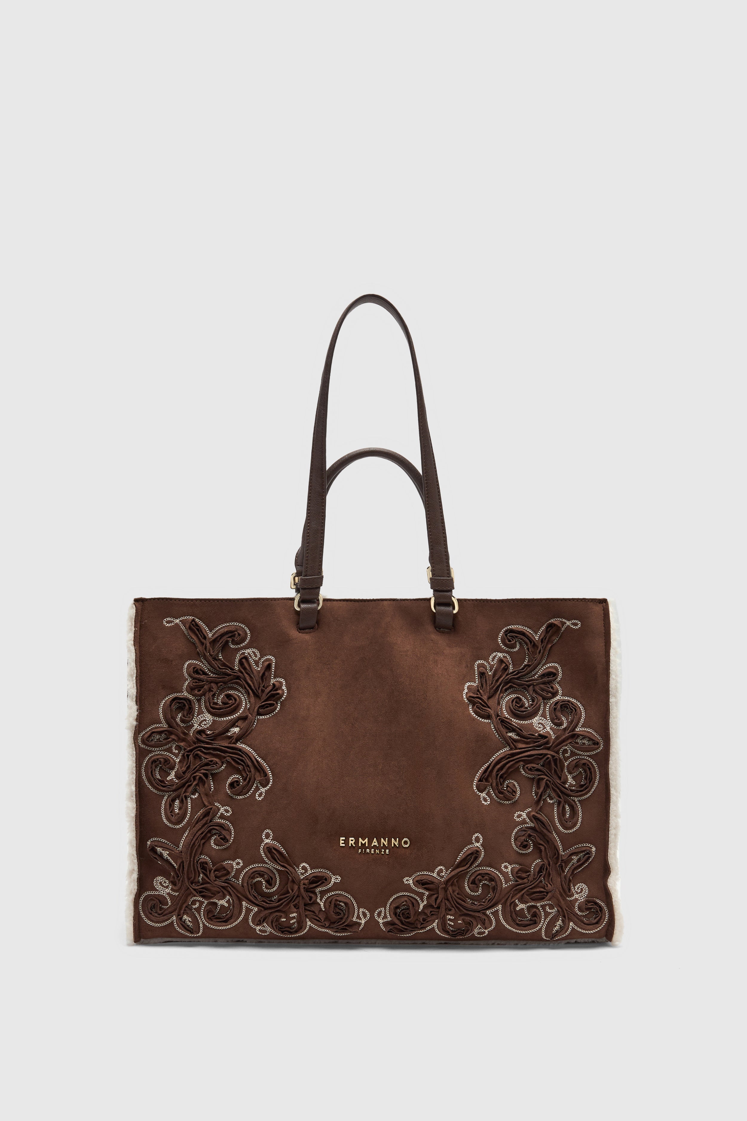 FAUX SHEEPSKIN SUEDE SHOPPING BAG WITH EMBROIDERIES