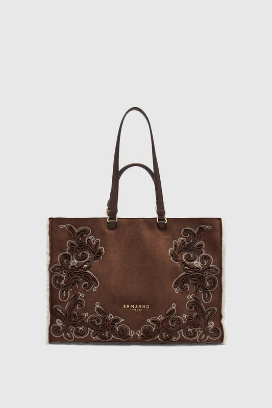 BORSA SHOPPING IN ECO-MONTONE SCAMOSCIATO CON RICAMI