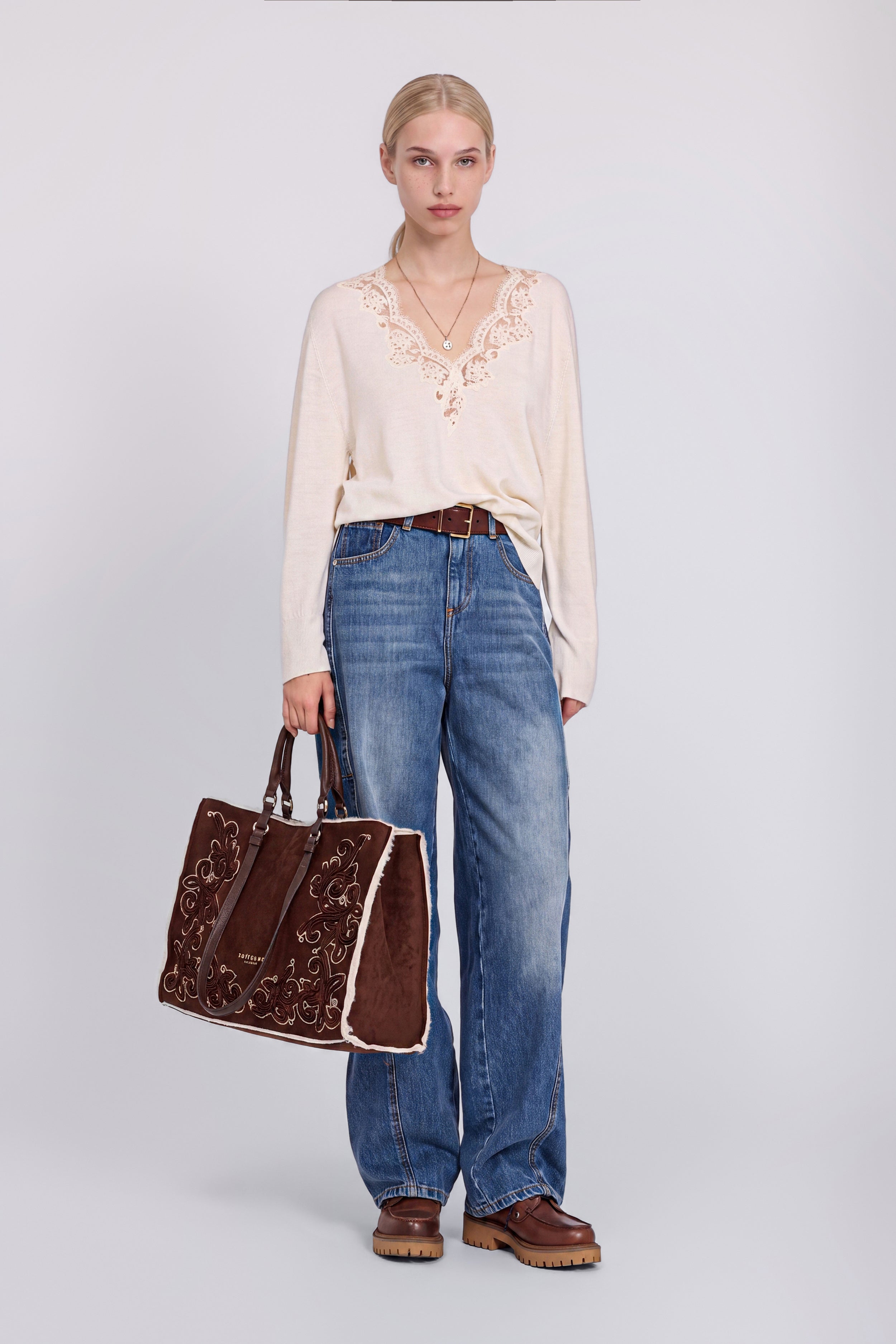 FAUX SHEEPSKIN SUEDE SHOPPING BAG WITH EMBROIDERIES