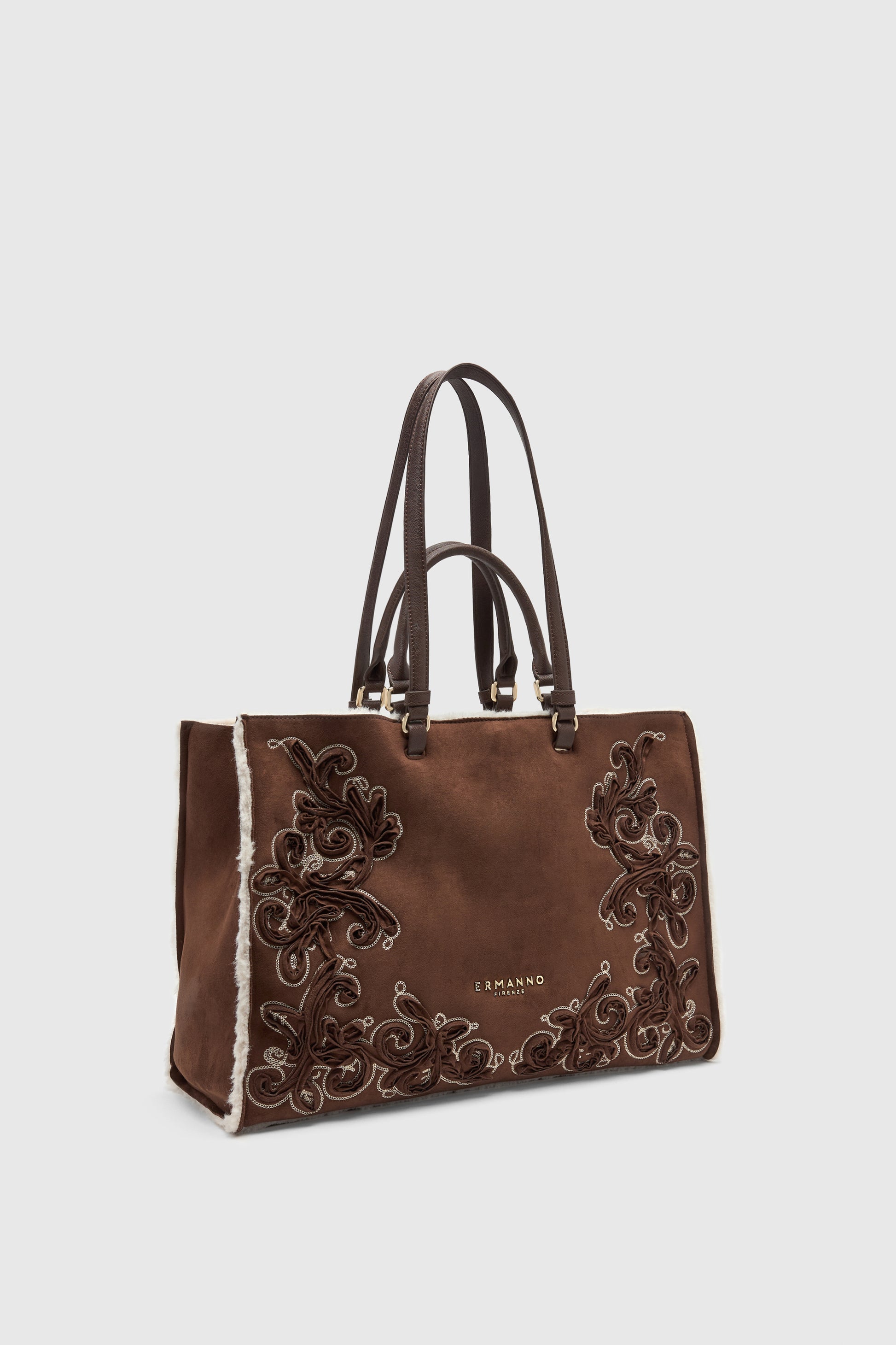 FAUX SHEEPSKIN SUEDE SHOPPING BAG WITH EMBROIDERIES