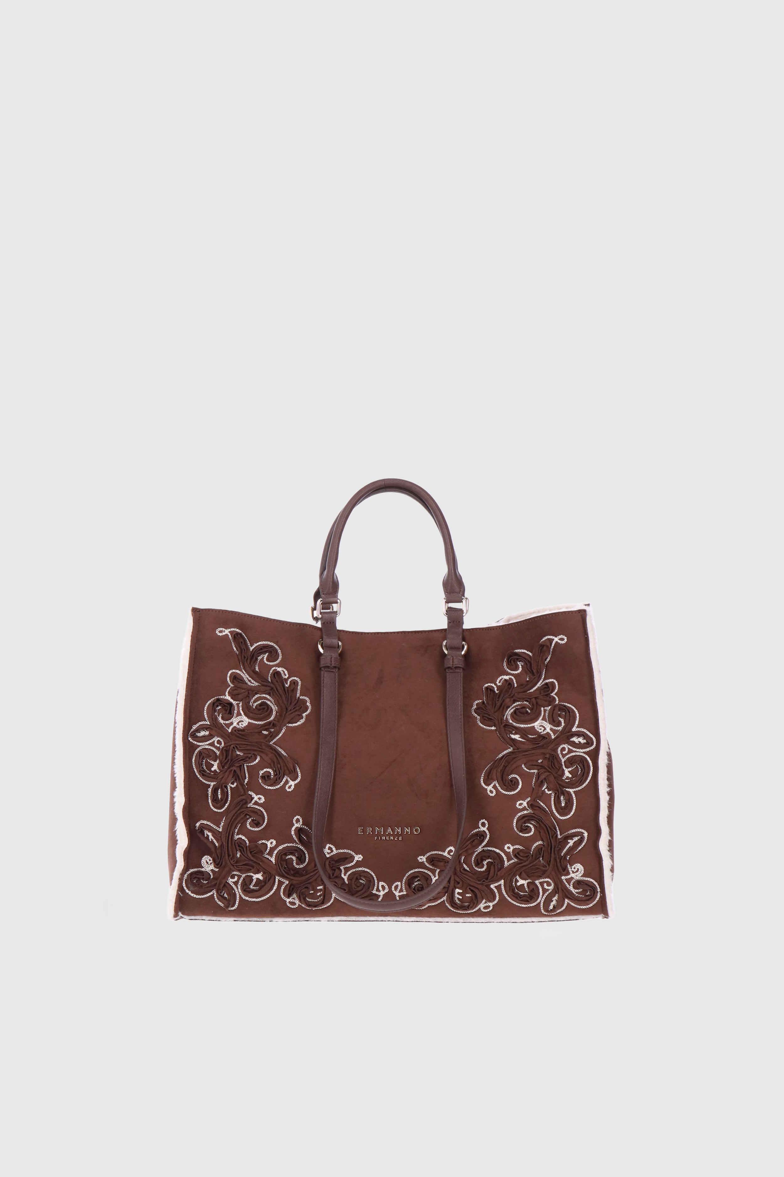 FAUX SHEEPSKIN SUEDE SHOPPING BAG WITH EMBROIDERIES