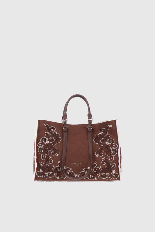 BORSA SHOPPING IN ECO-MONTONE SCAMOSCIATO CON RICAMI