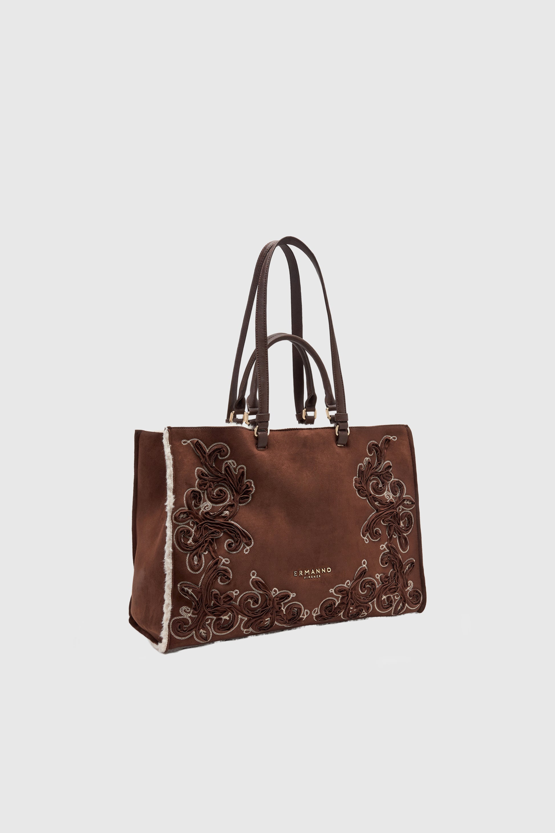 FAUX SHEEPSKIN SUEDE SHOPPING BAG WITH EMBROIDERIES