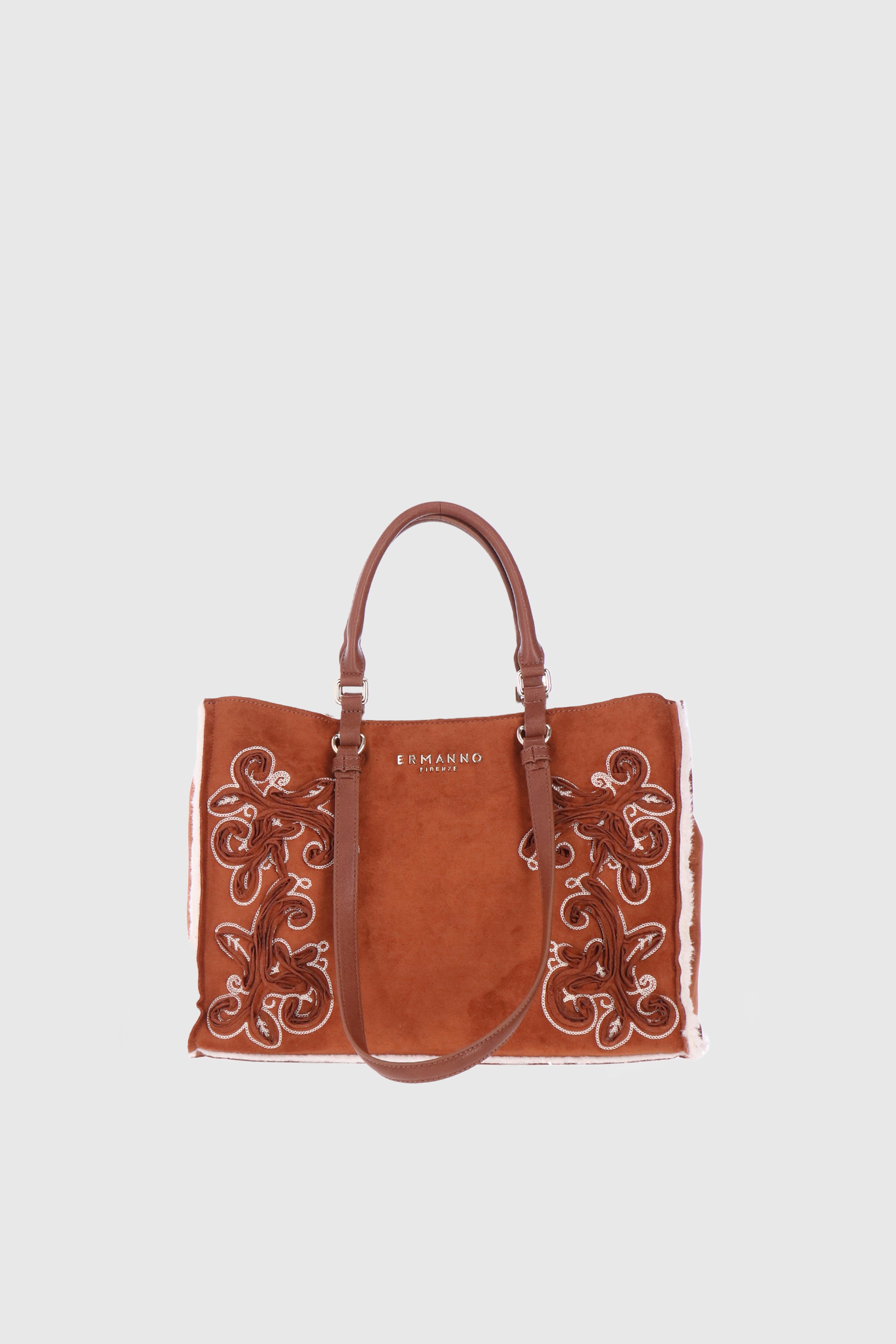 FAUX SHEEPSKIN SUEDE SHOPPING BAG WITH EMBROIDERIES