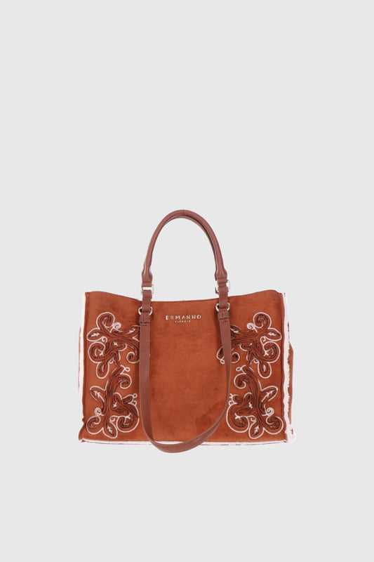 BORSA SHOPPING IN ECO-MONTONE SCAMOSCIATO CON RICAMI