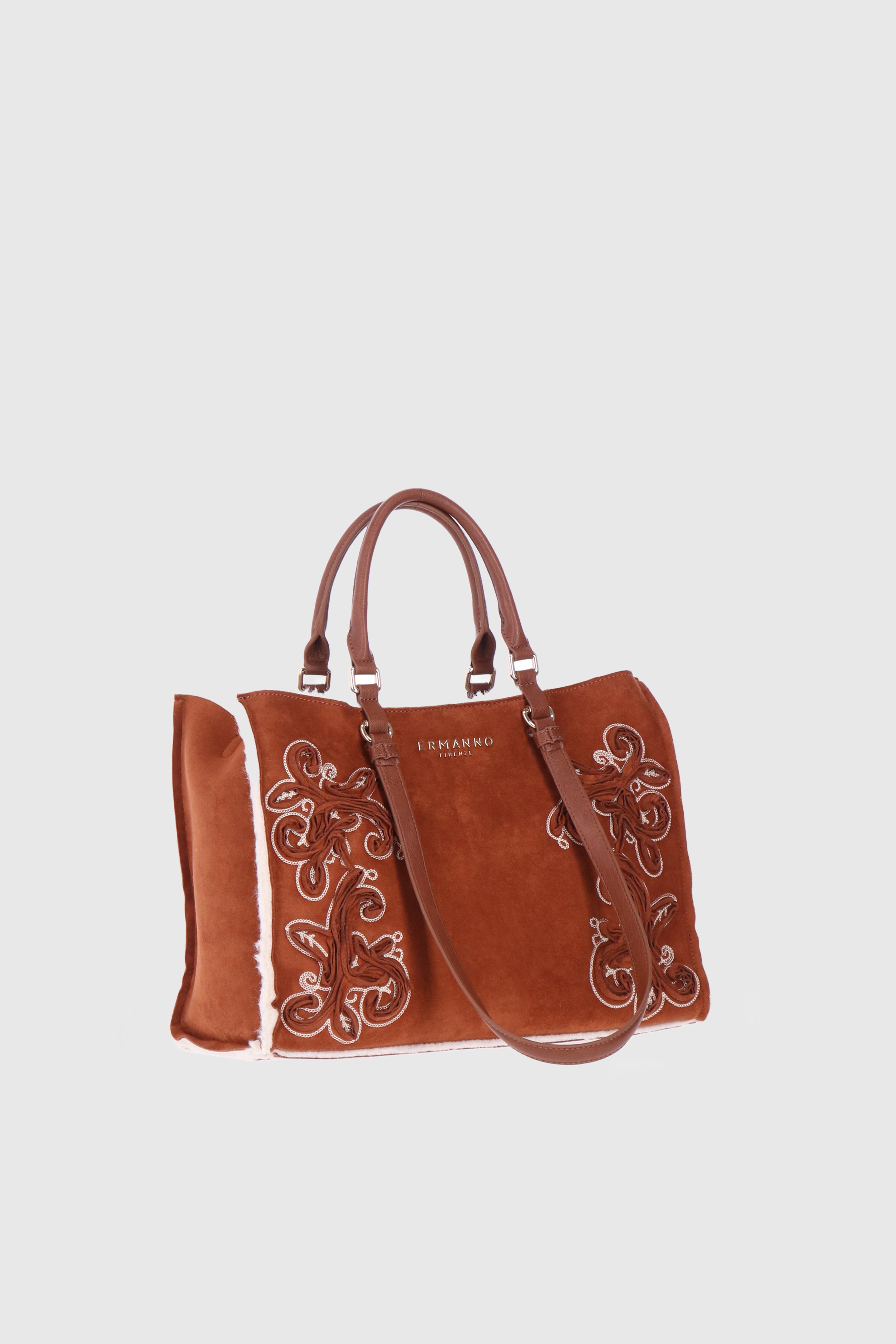 FAUX SHEEPSKIN SUEDE SHOPPING BAG WITH EMBROIDERIES