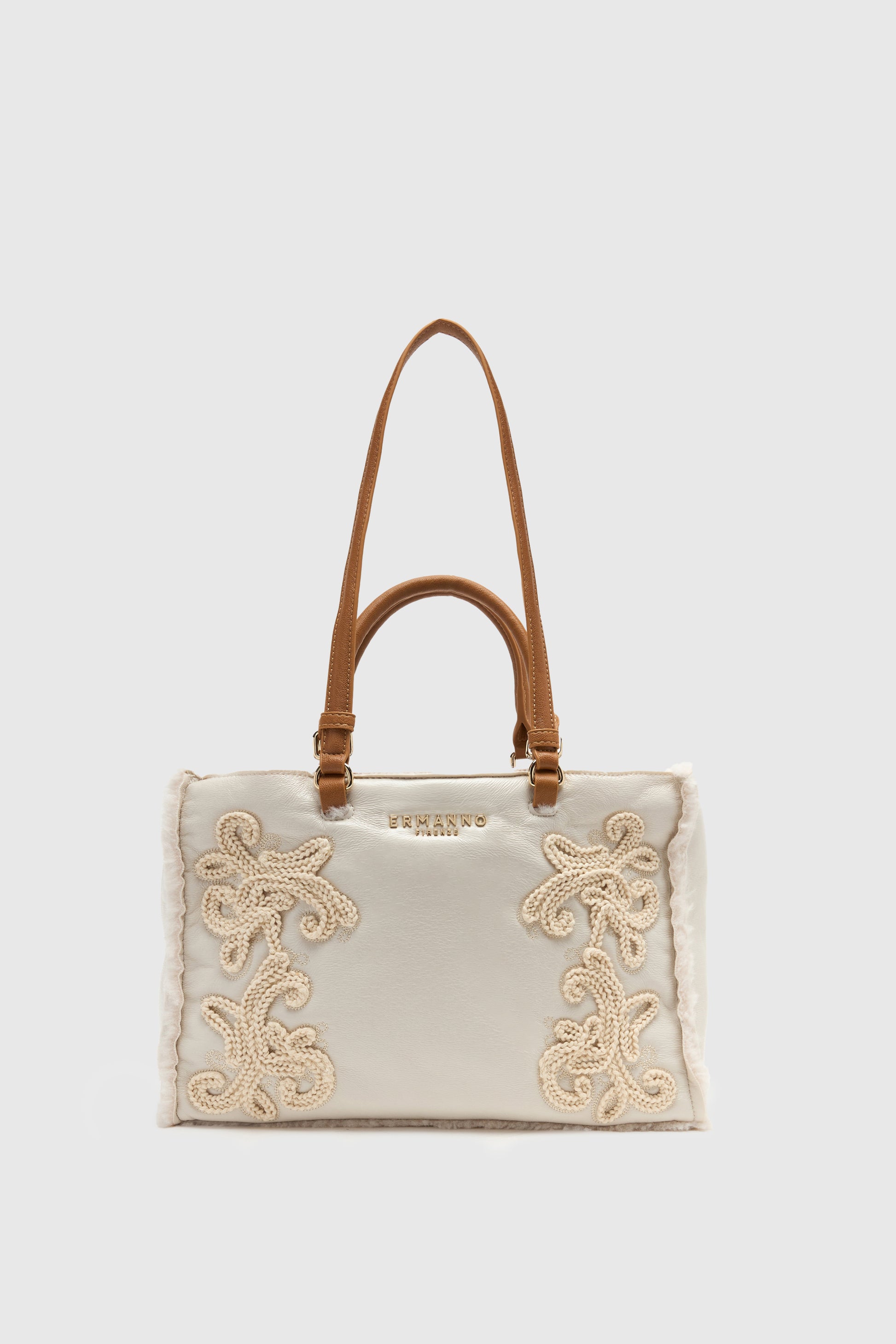 BORSA SHOPPING IN ECO-MONTONE LUCIDO CON RICAMI CROCHET