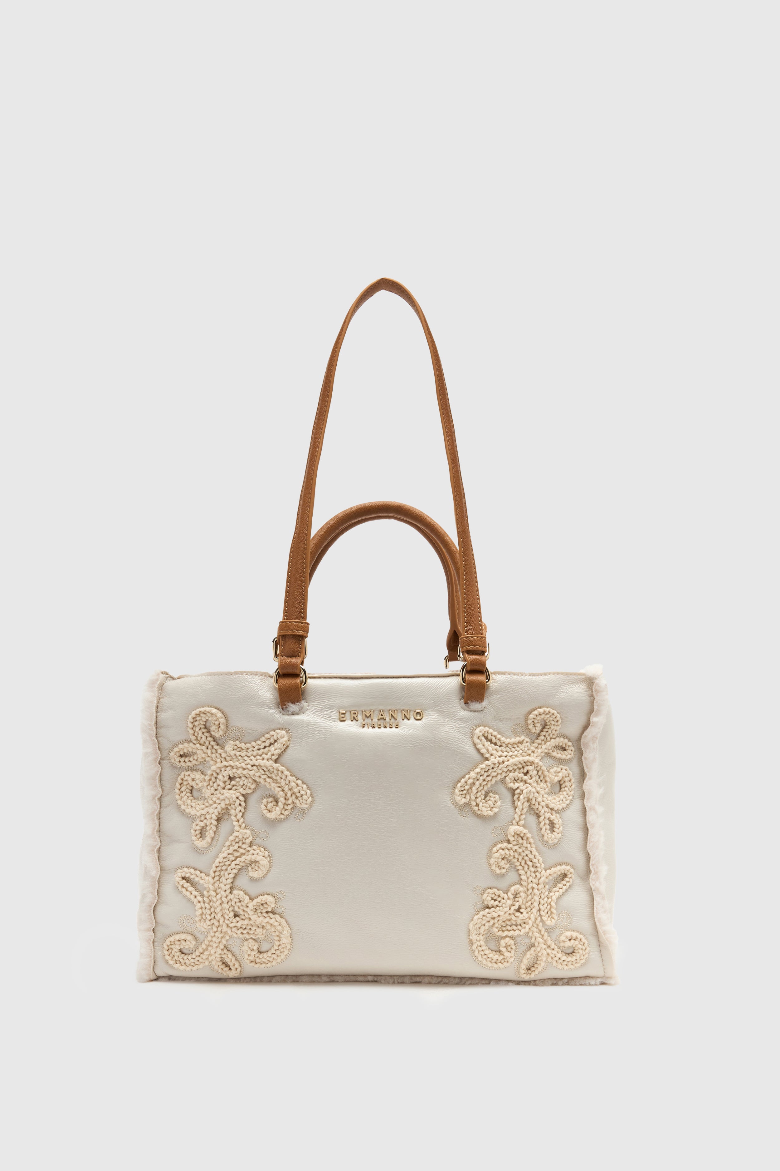BORSA SHOPPING IN ECO-MONTONE LUCIDO CON RICAMI CROCHET