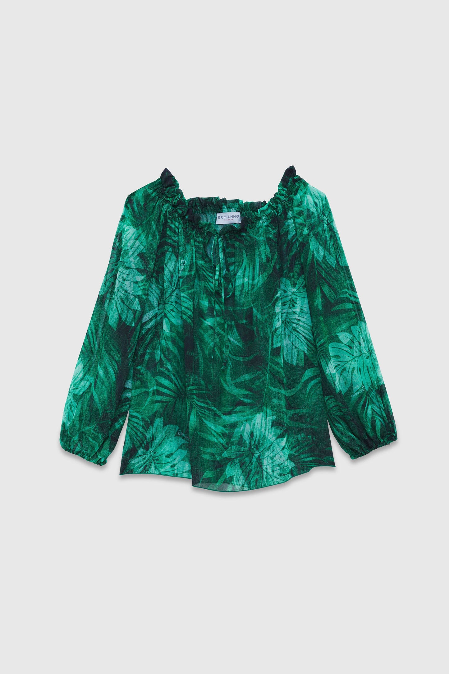 BLOUSE IMPRIMÉE ALL-OVER AVEC MOTIFS DE FEUILLES TROPICALES.