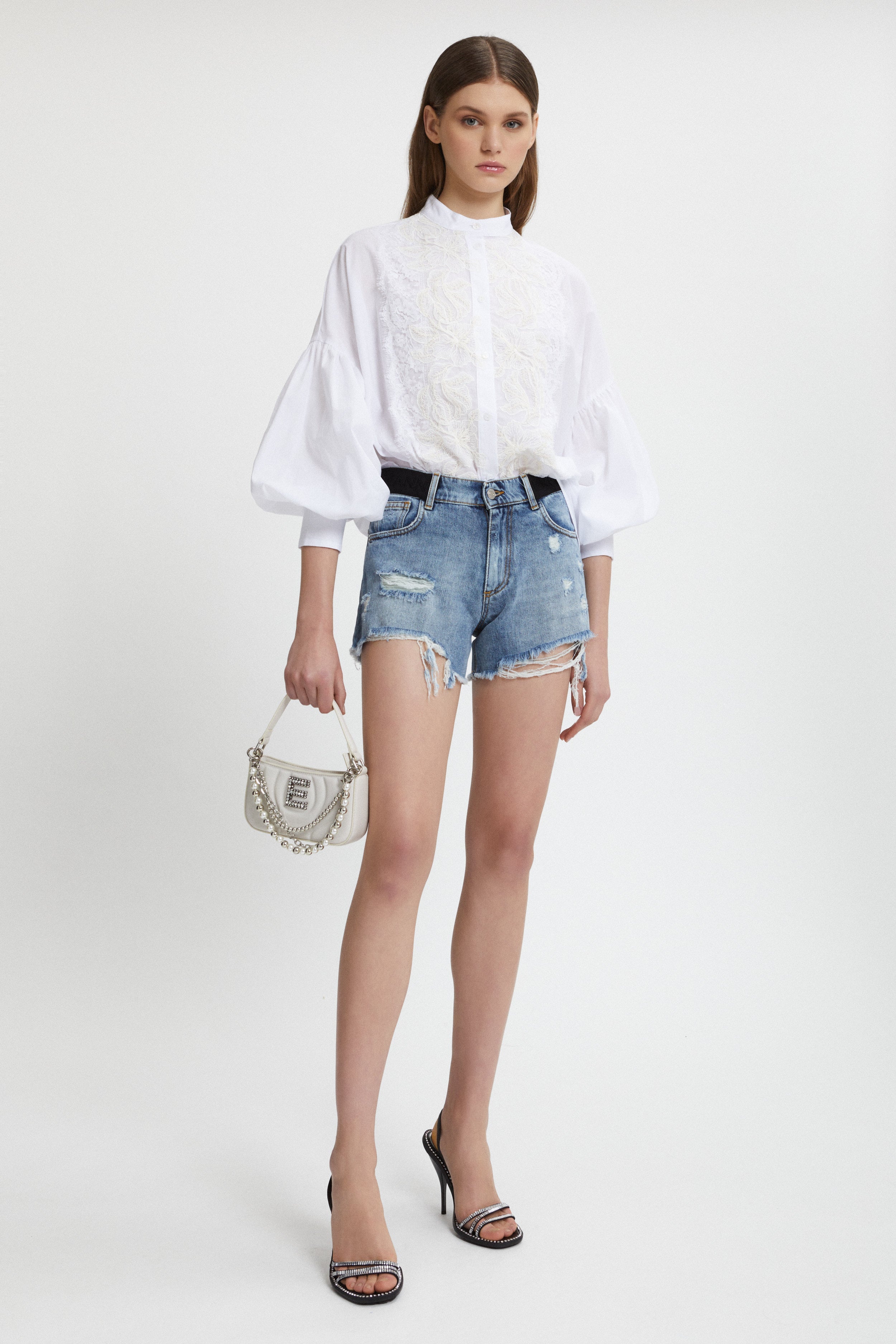 Image of EMBROIDERED KOREAN SHIRT WITH LACE INSERT