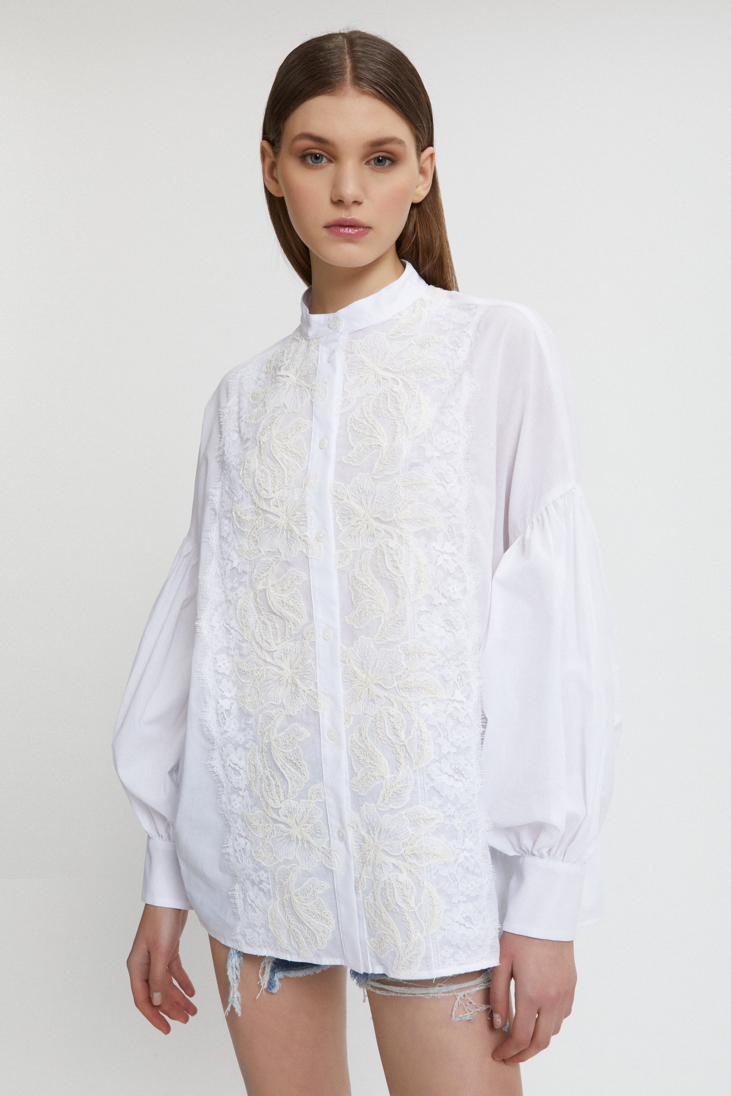 Image of EMBROIDERED KOREAN SHIRT WITH LACE INSERT