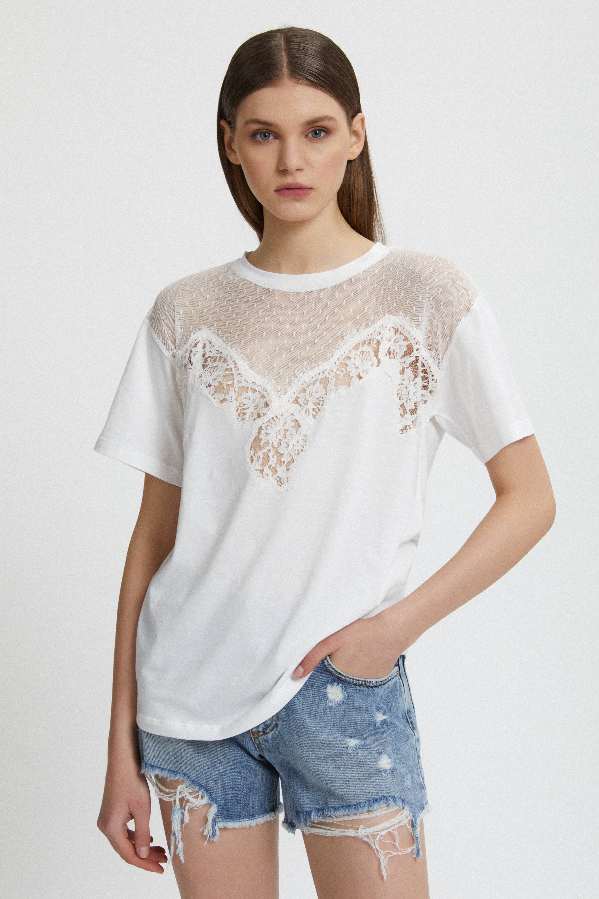 T-SHIRT EN JERSEY DE COTON AVEC INSERT DE DENTELLE