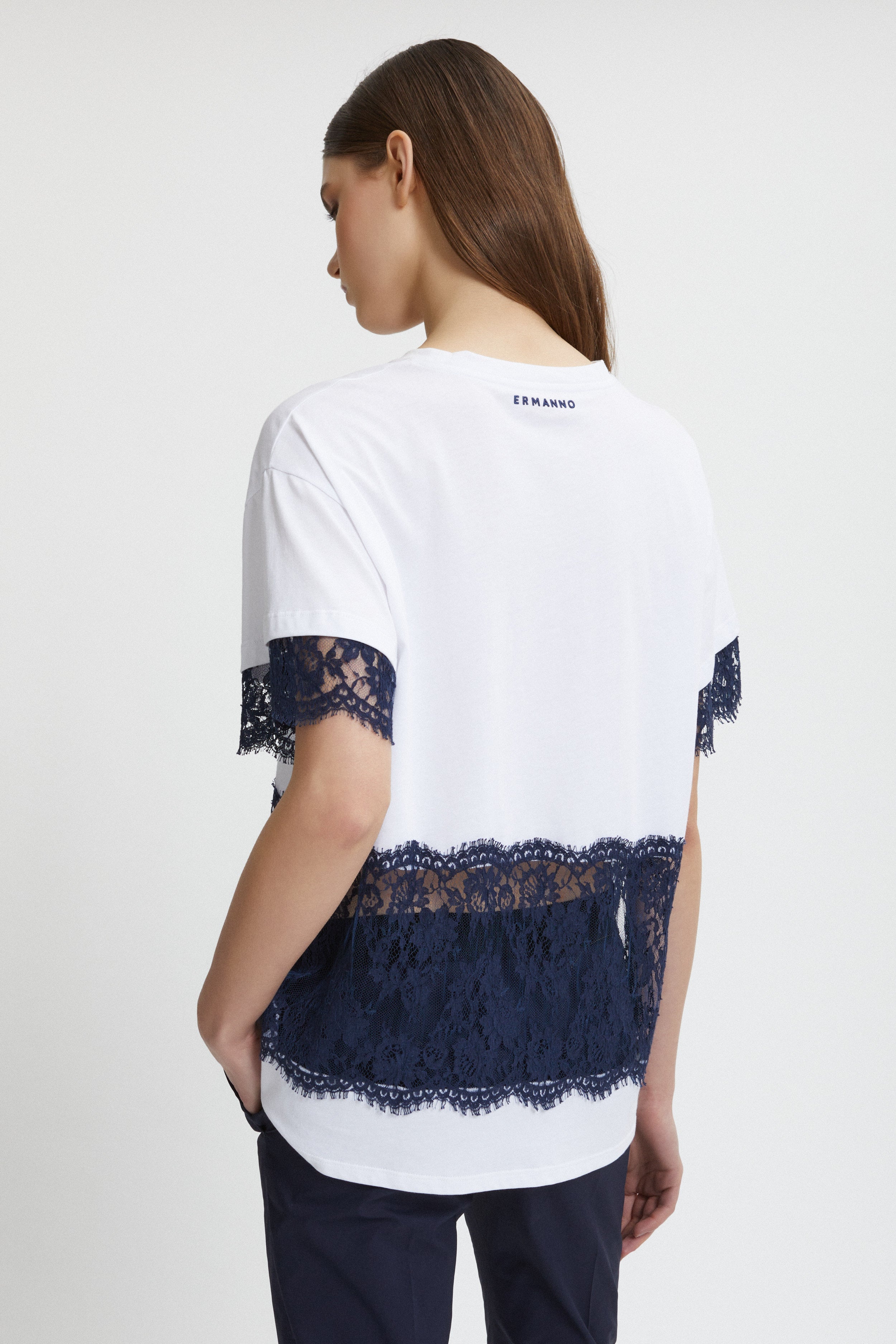 T-SHIRT EN JERSEY DE COTON AVEC DENTELLE VALENCIENNE