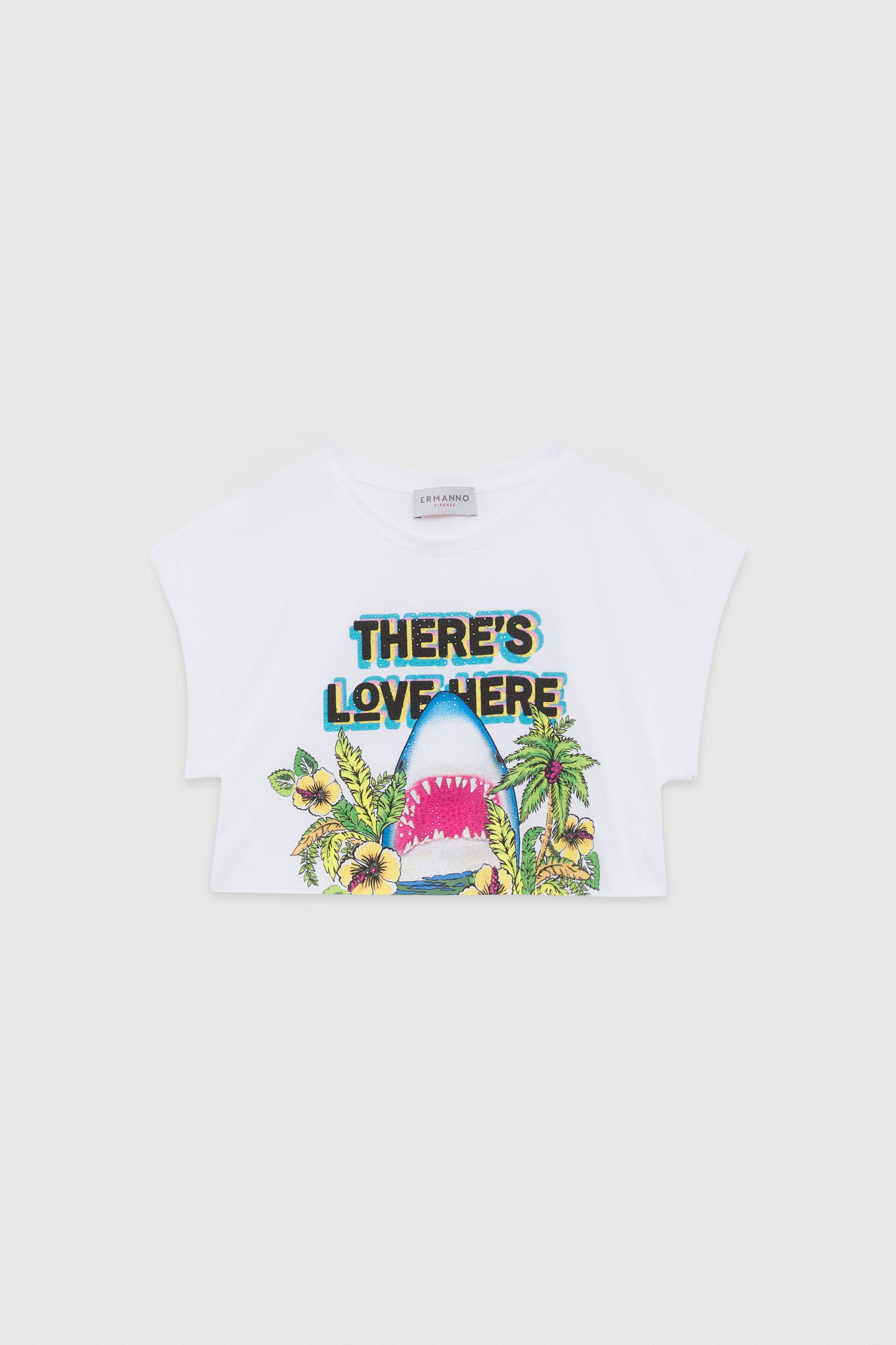 PRINTED CROP T-SHIRT WITH RHINESTONE