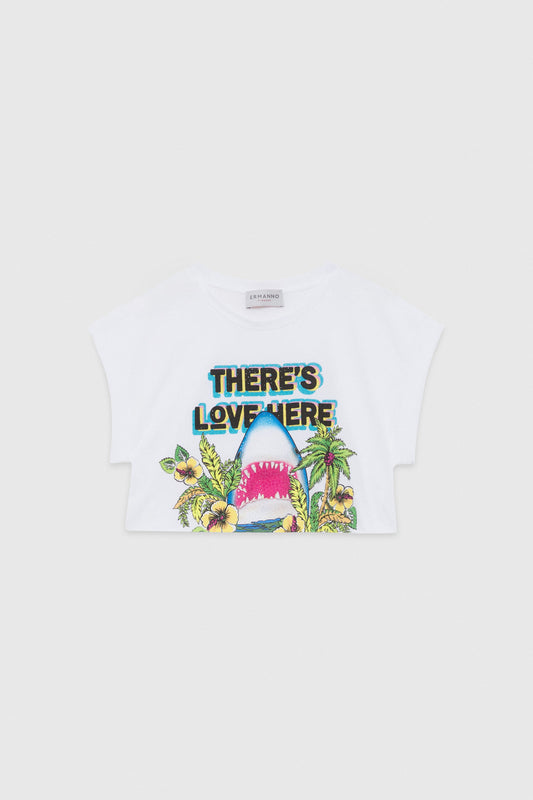 PRINTED CROP T-SHIRT WITH RHINESTONE