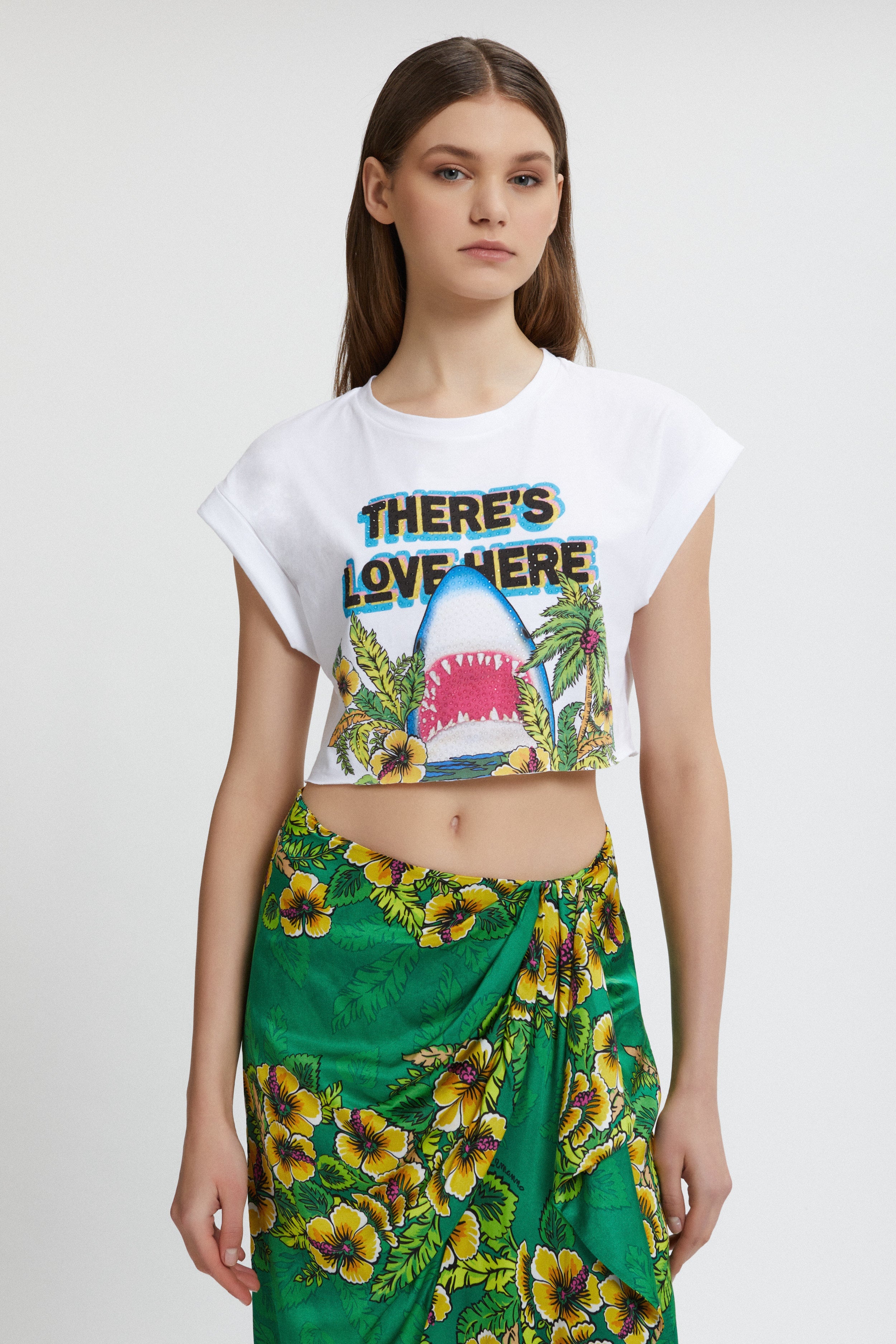 PRINTED CROP T-SHIRT WITH RHINESTONE