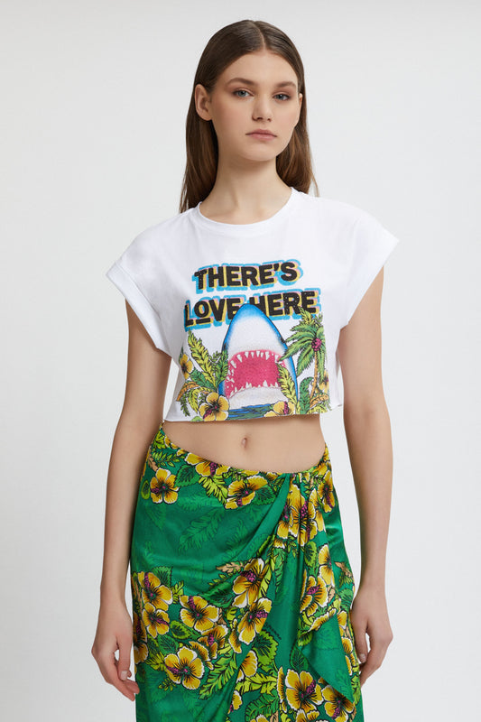 PRINTED CROP T-SHIRT WITH RHINESTONE