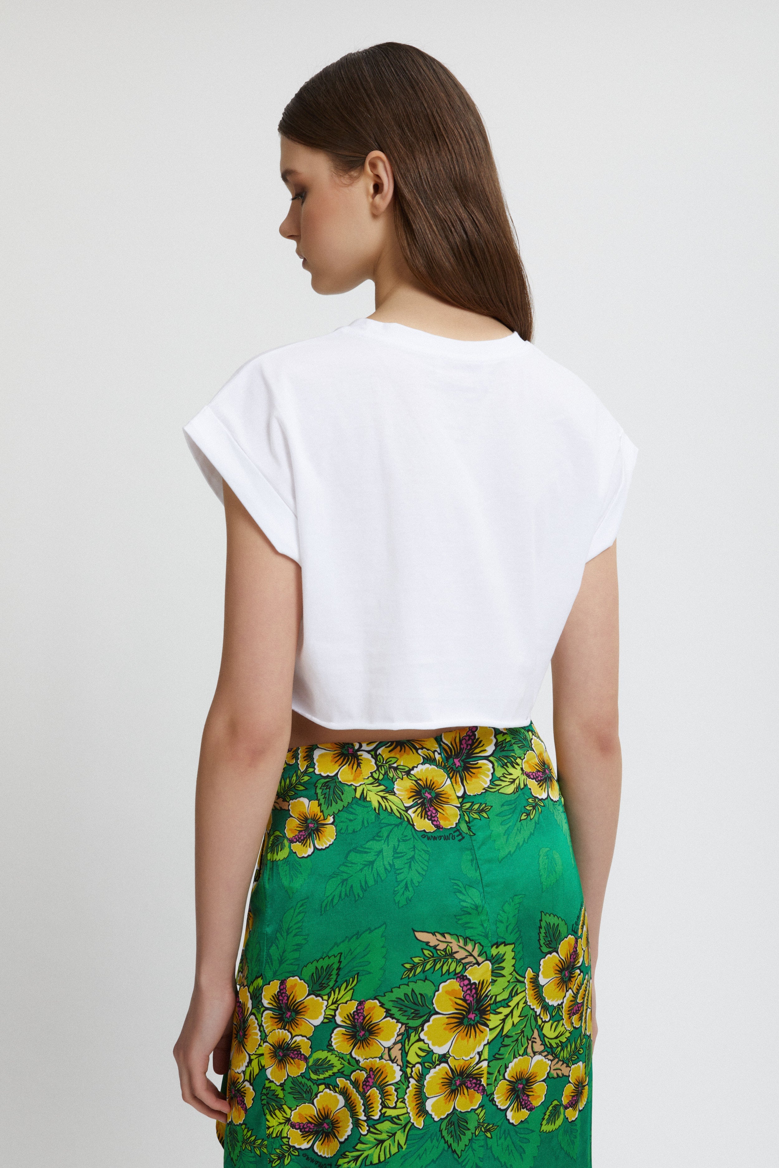 PRINTED CROP T-SHIRT WITH RHINESTONE