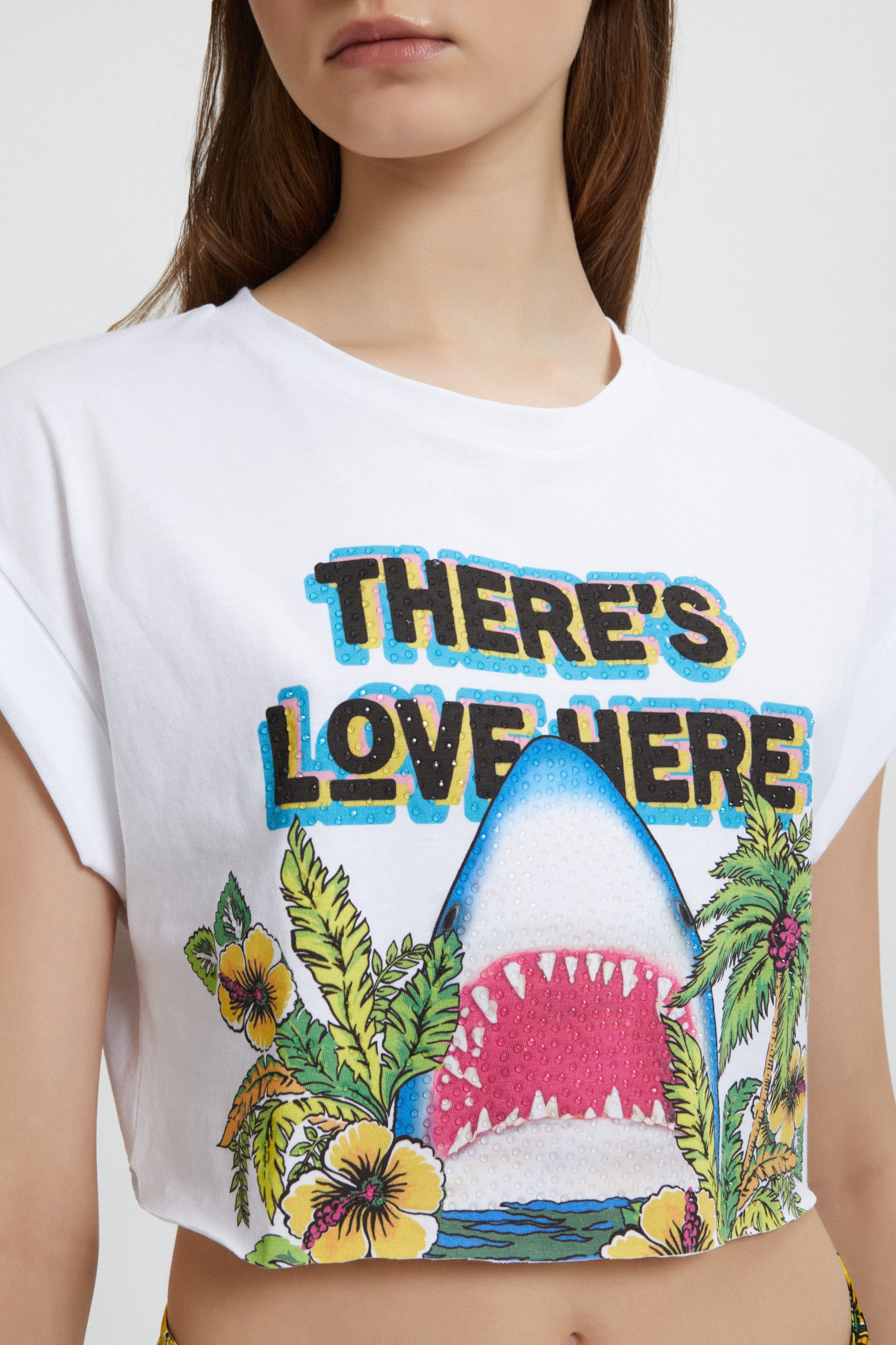 PRINTED CROP T-SHIRT WITH RHINESTONE