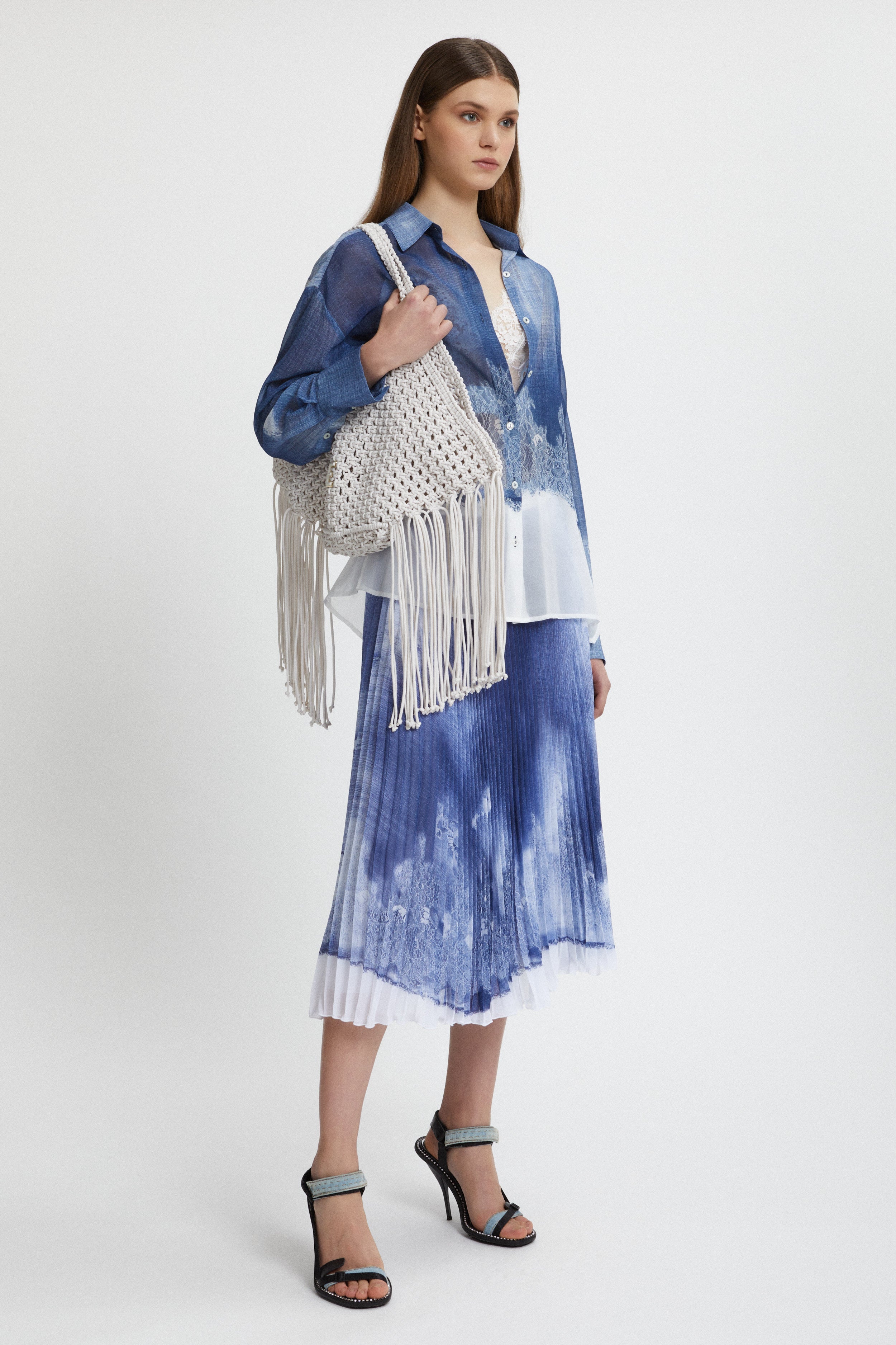 GONNA PLISSE' STAMPA DENIM E PIZZO