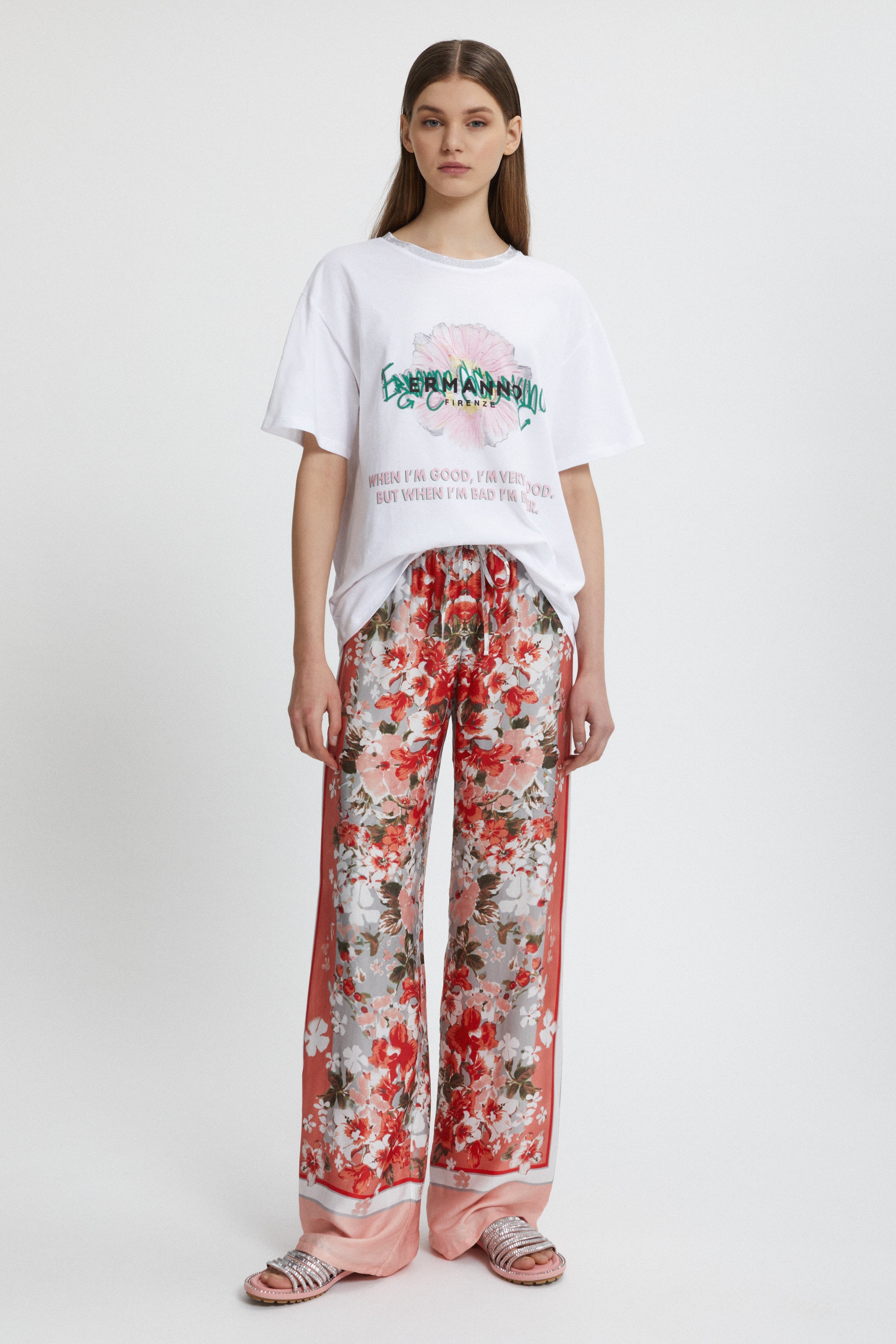 PANTALONE IN RASO CON STAMPA FOULARD FLOREALE